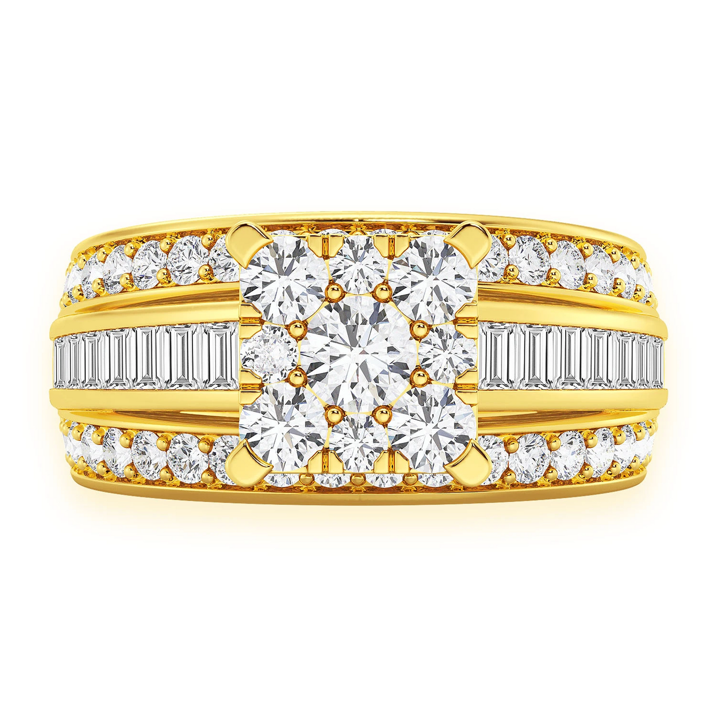 Cathedral Channel Baguette Engagement Ring in 14K yellow gold, front view