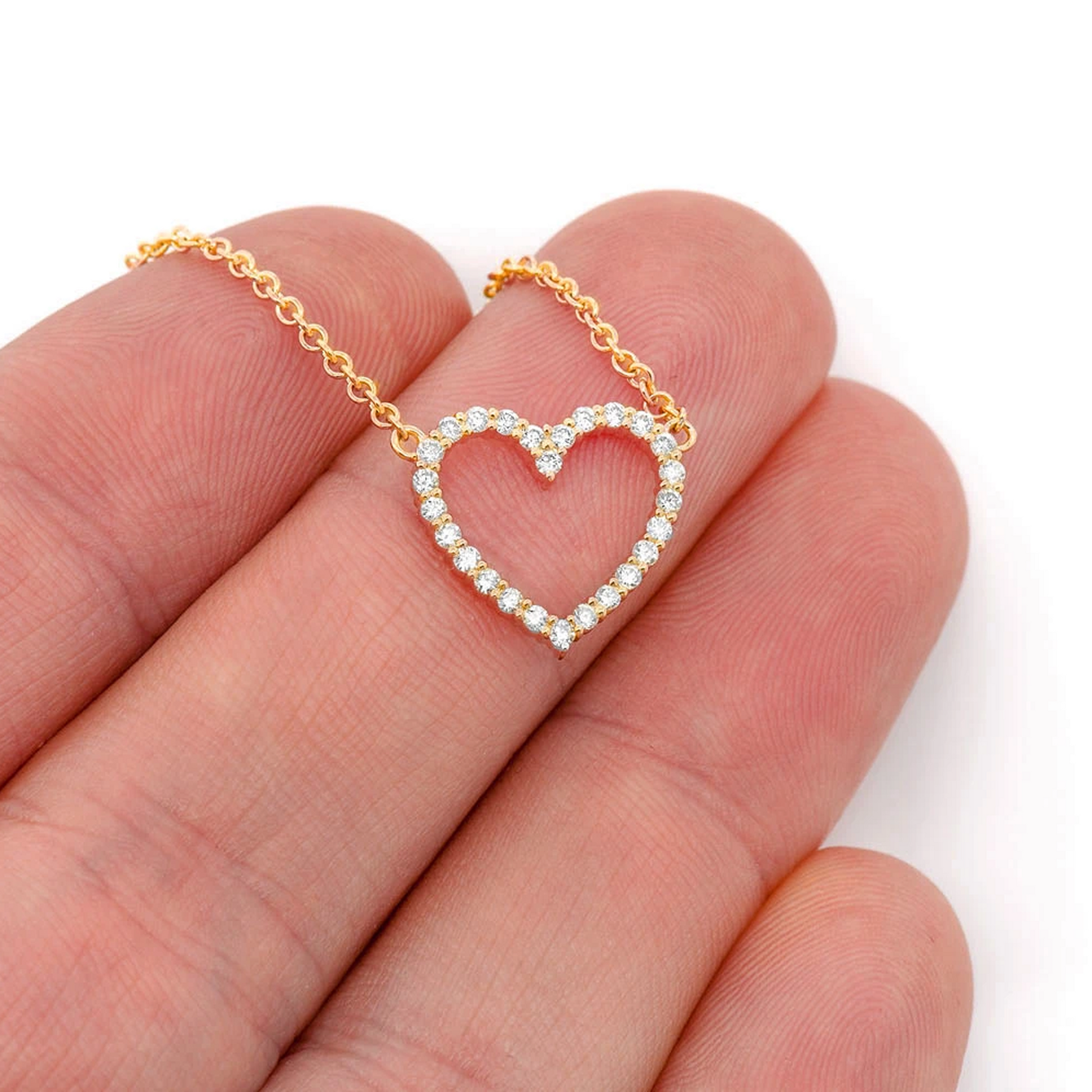 Open Heart Diamond Necklace in 14K yellow gold, angled view