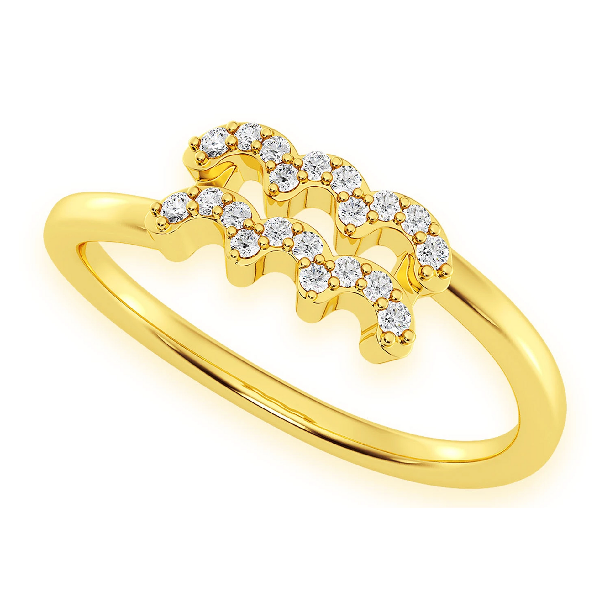Zodiac Diamond Ring in 14K yellow gold, Aquarius design, detail view