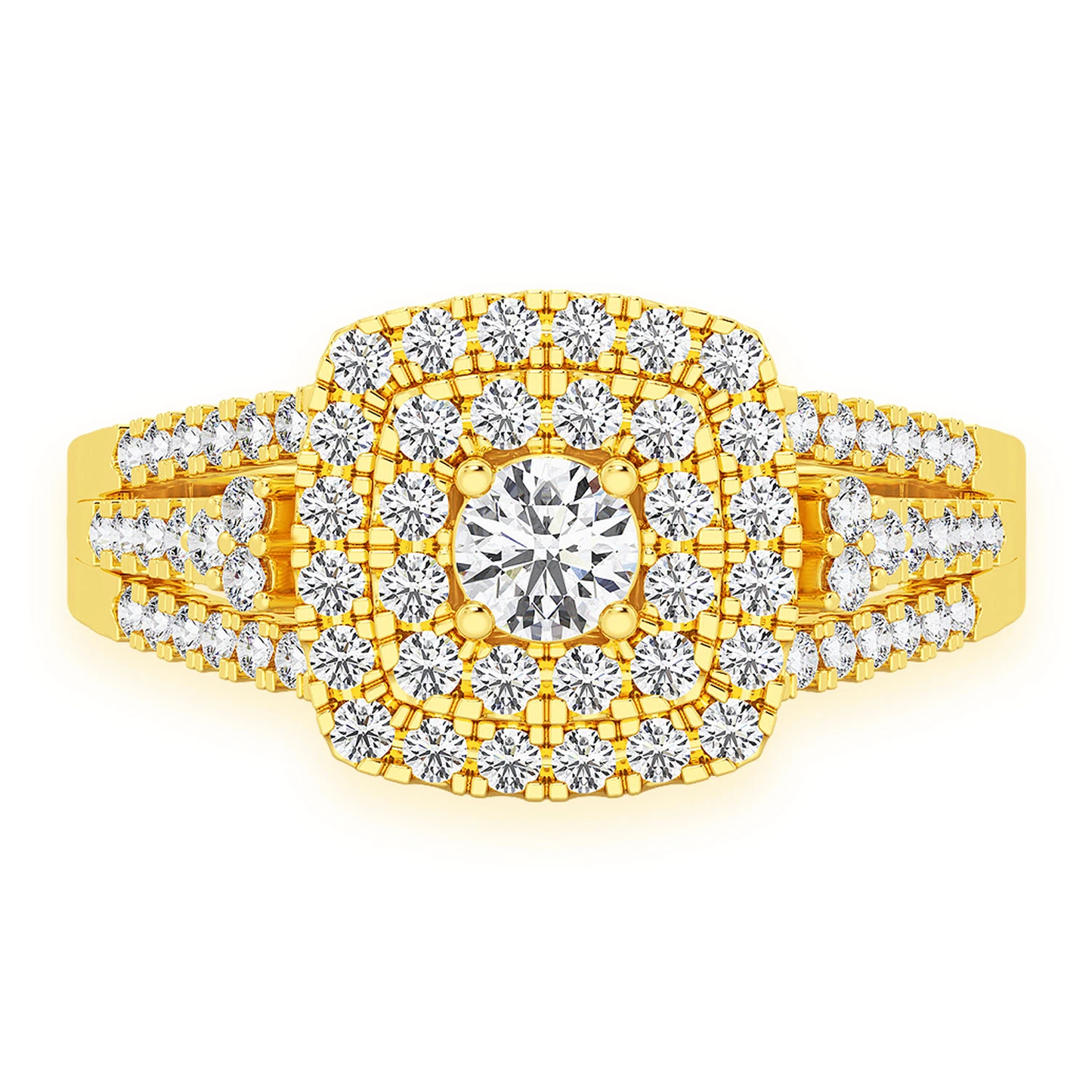 Princess Cut Double Halo Ring in 14K yellow gold, front view