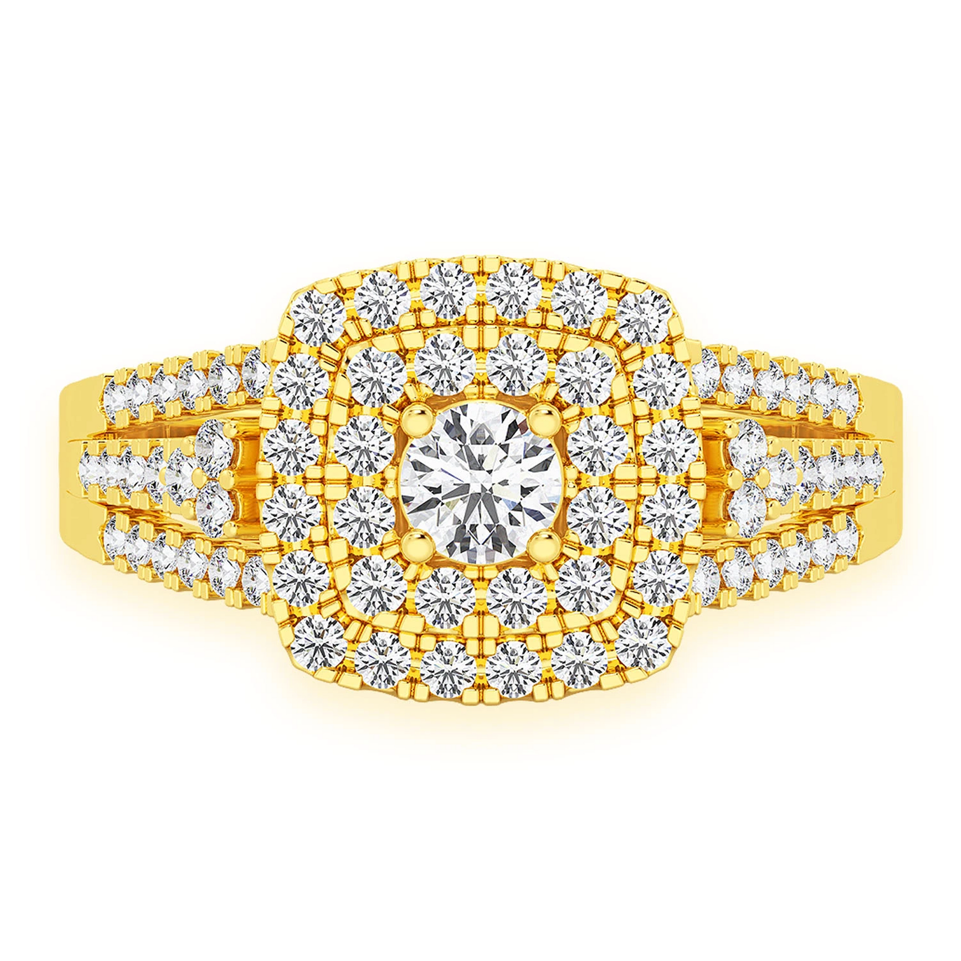 Princess Cut Double Halo Ring in 14K yellow gold, front view