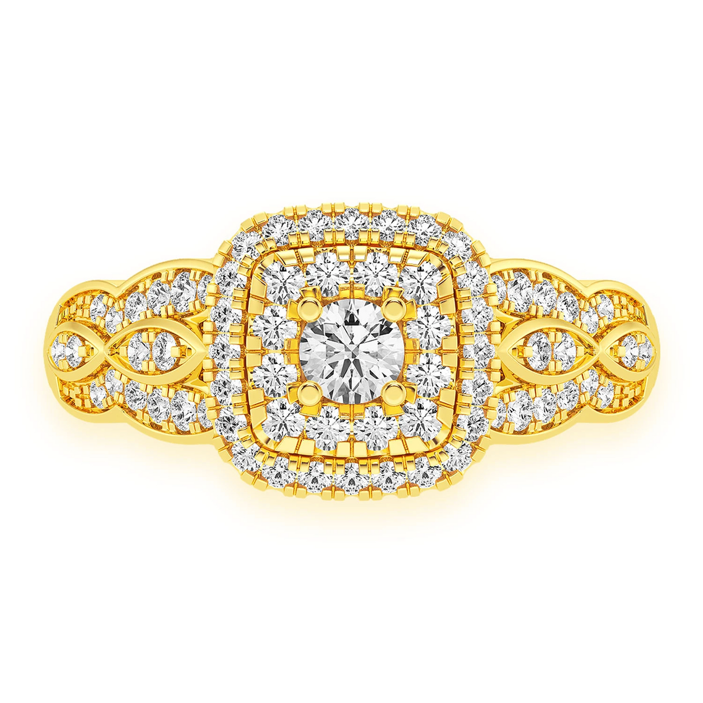 Triple Layer Square Halo Diamond Ring in 14K yellow gold, front view
