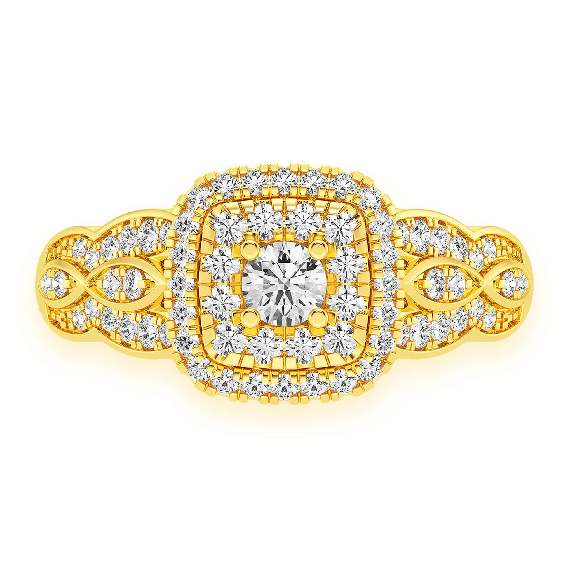 Triple Layer Square Halo Diamond Ring in 14K yellow gold, front view