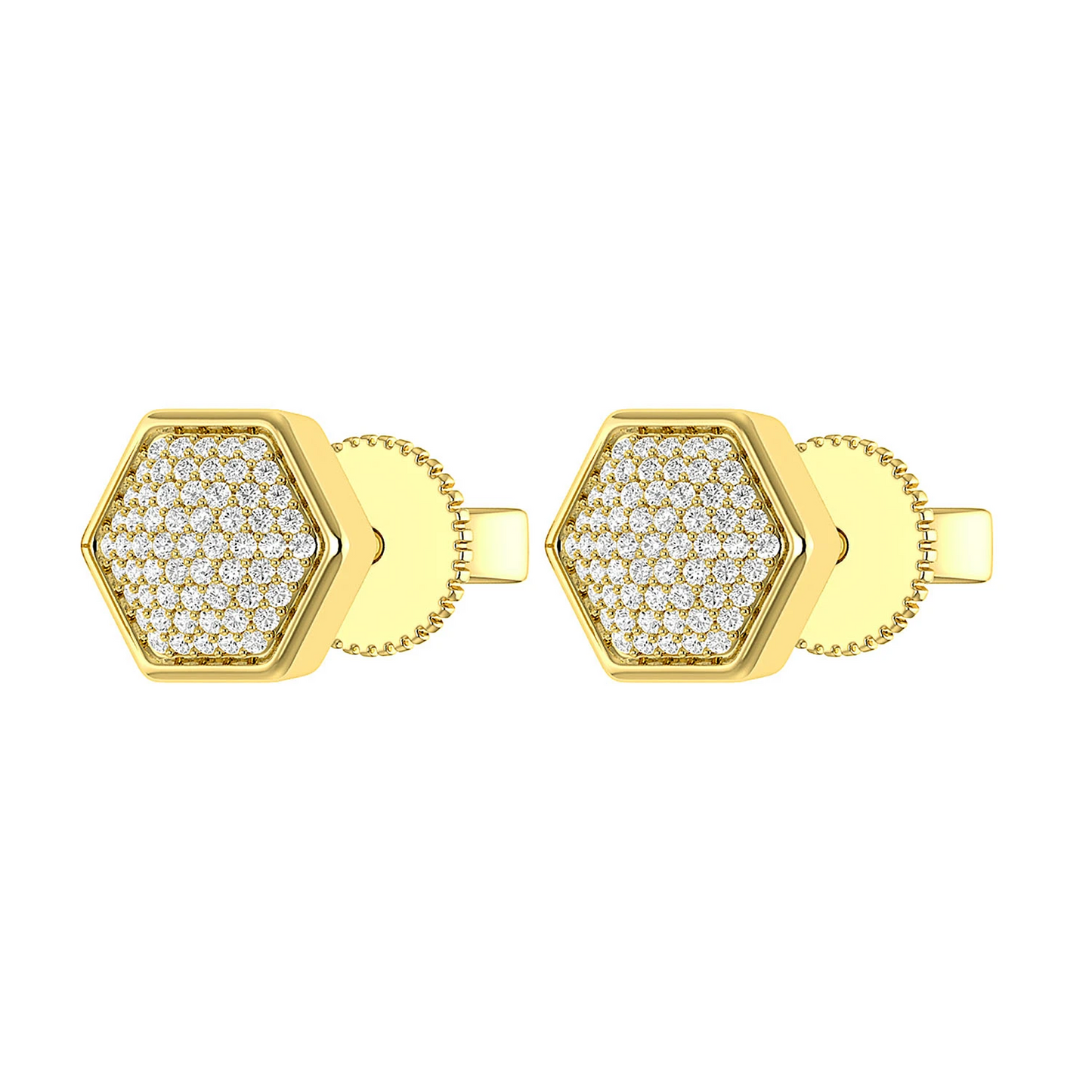 Hexagon Cluster Diamond Stud Earrings in 14K yellow gold, angled view