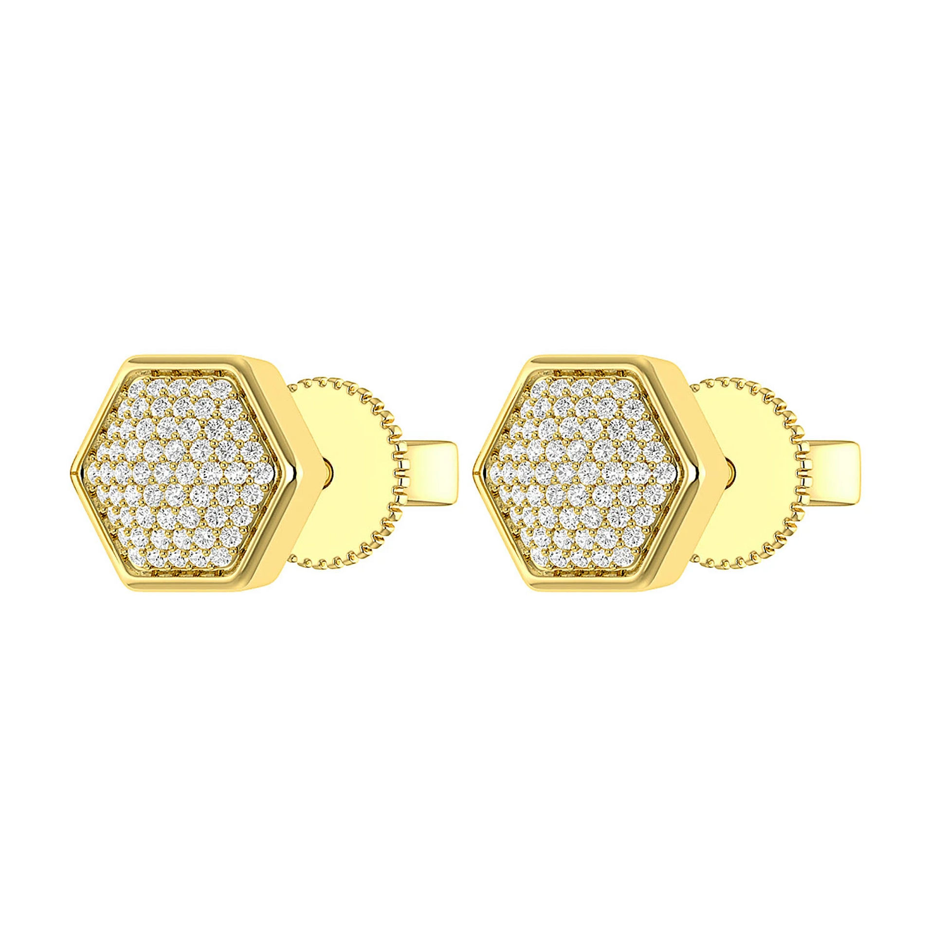 Hexagon Cluster Diamond Stud Earrings in 14K yellow gold, angled view
