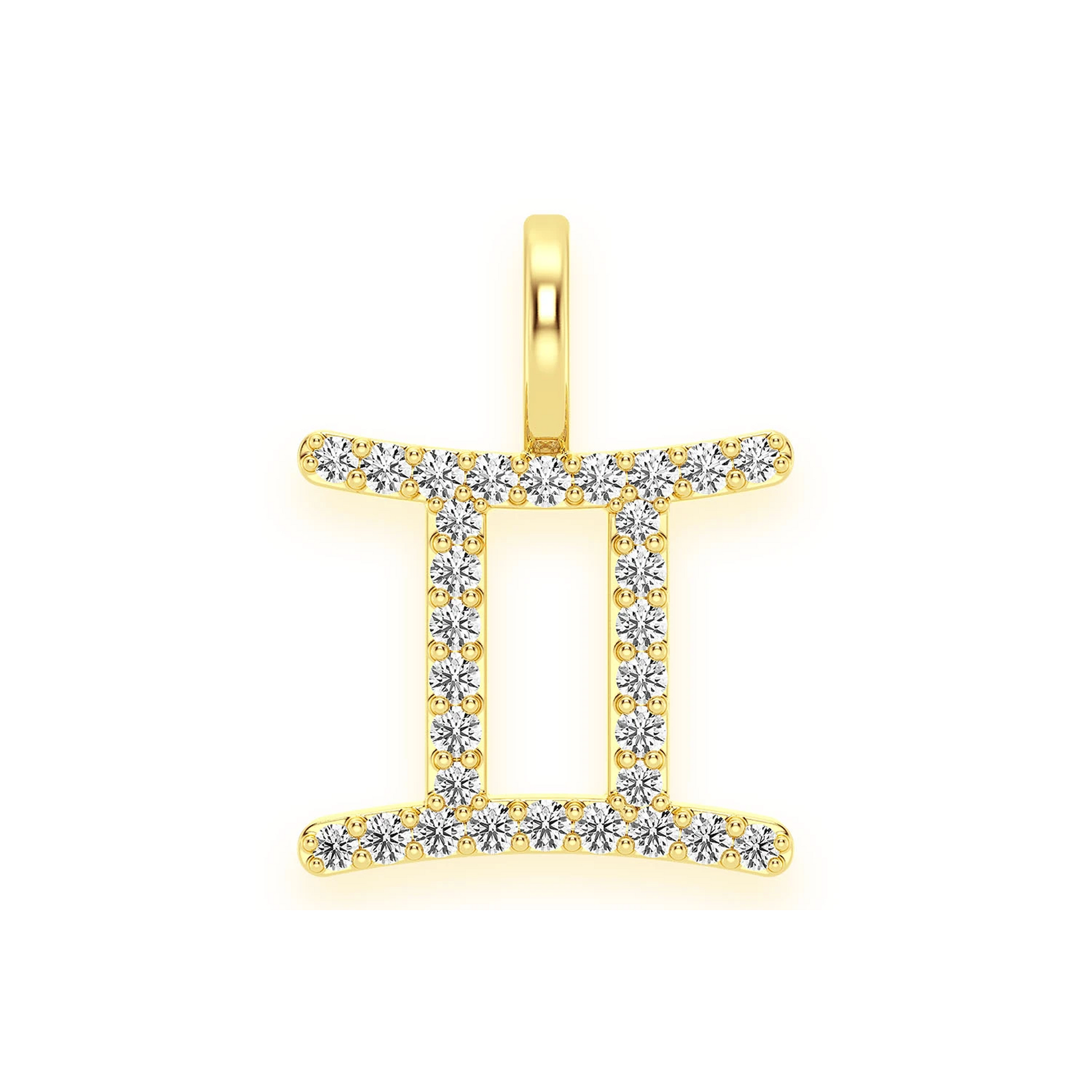 Astrology Zodiac Diamond Pendant in 14K yellow gold, Gemini design, front view