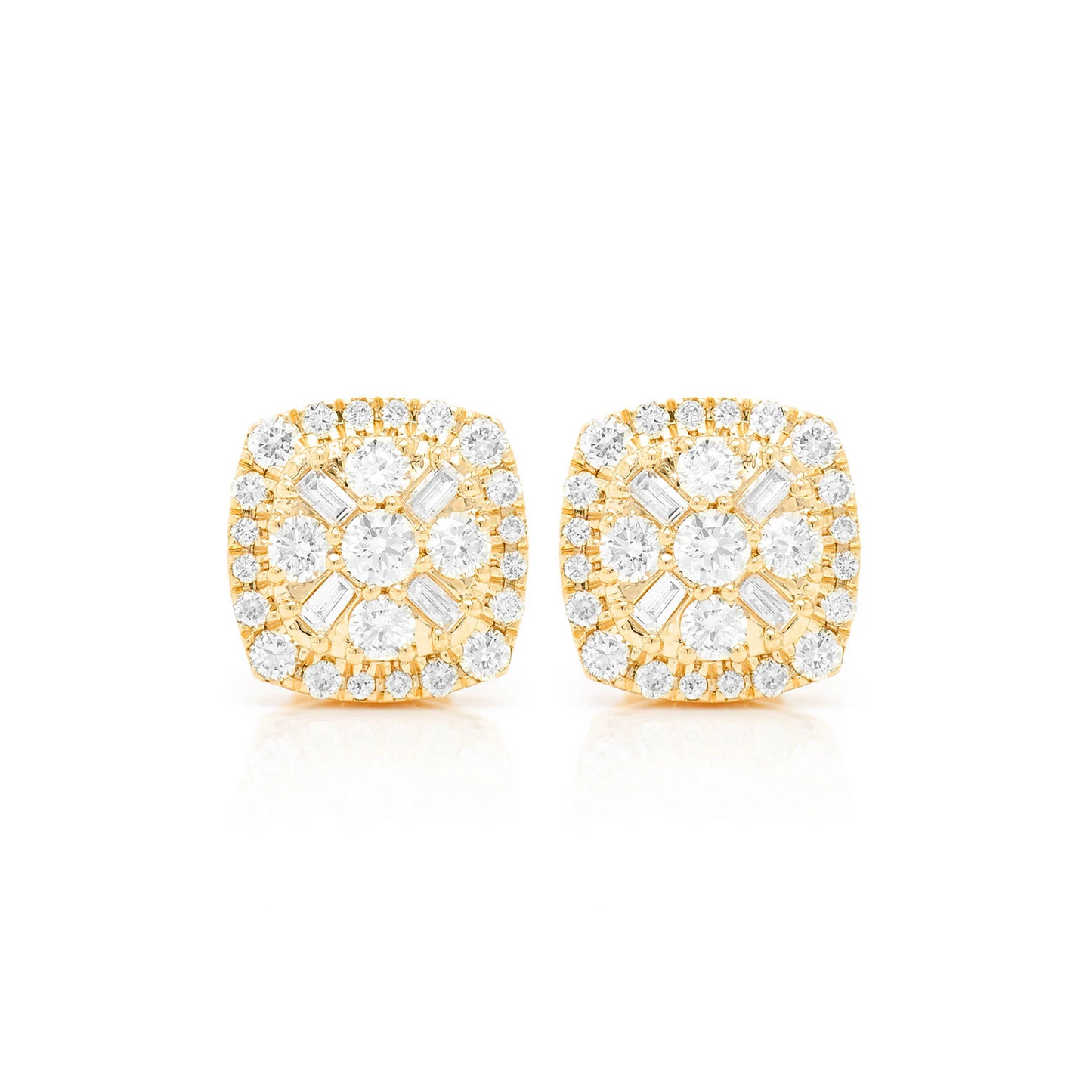 Baguette Flower Diamond Studs in 14K yellow gold, front view