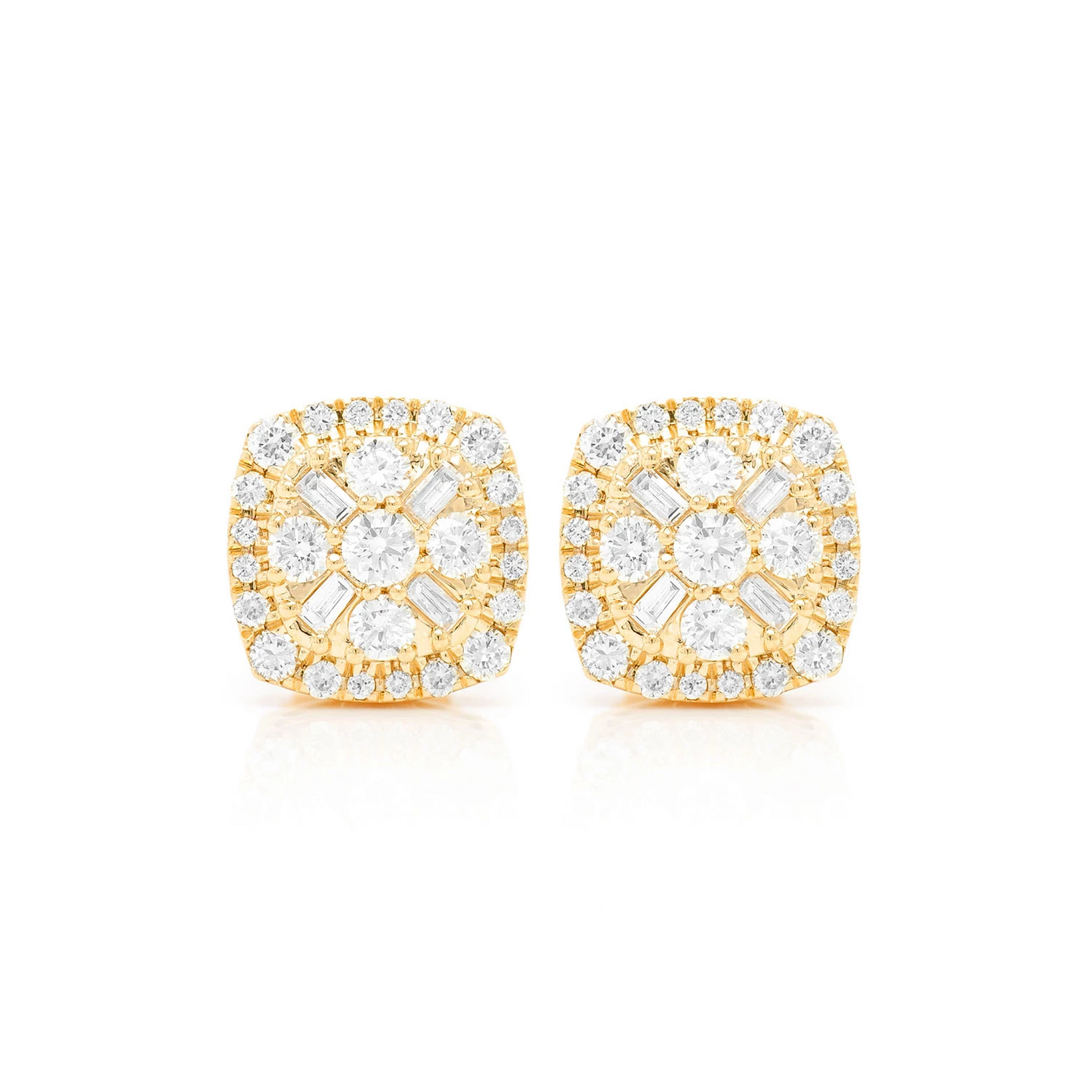 Baguette Flower Diamond Studs in 14K yellow gold, front view