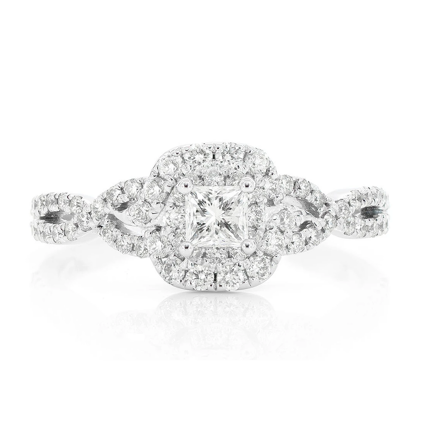0.75ctw Solitaire Halo Twisted Shank Ring in 14K white gold, front view