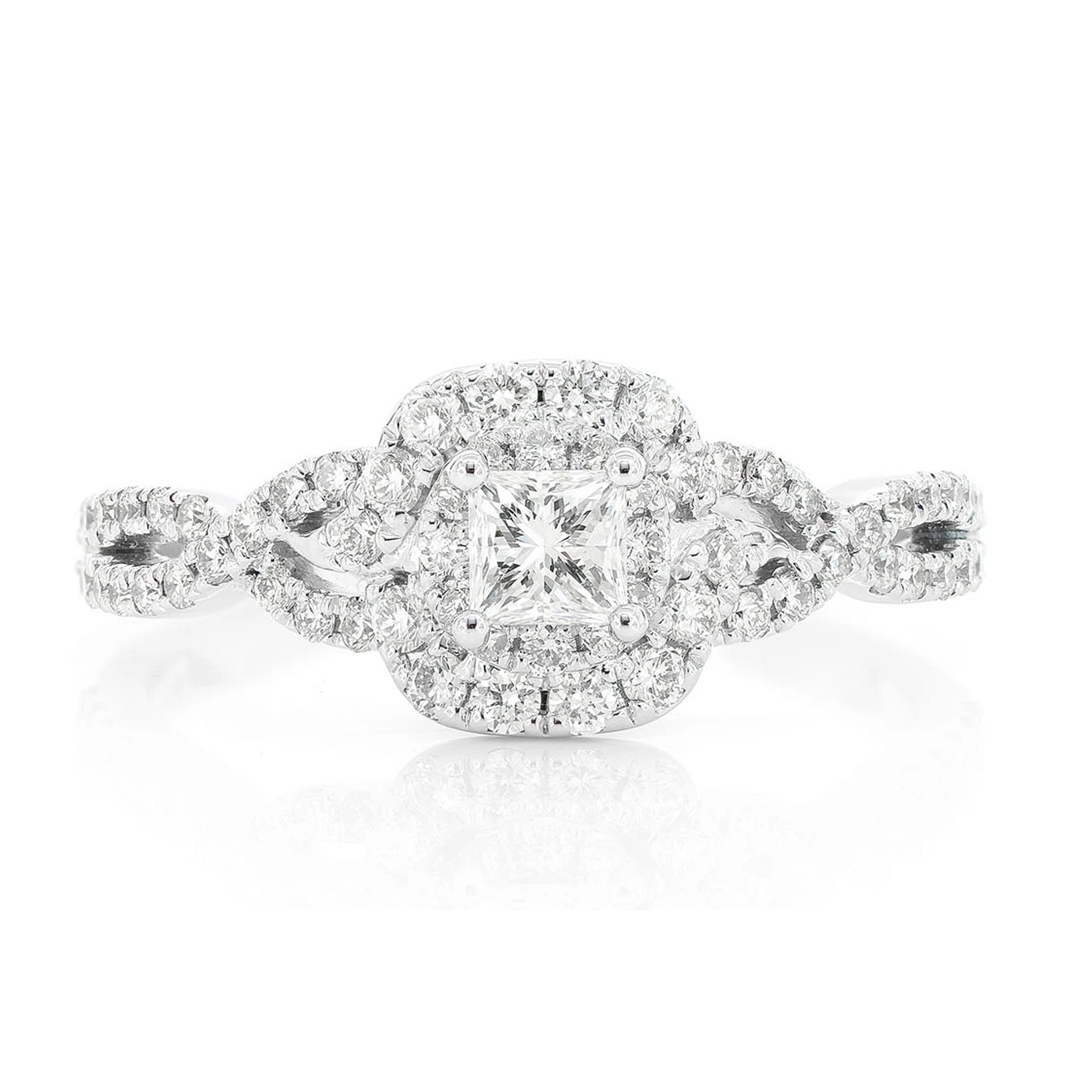 0.75ctw Solitaire Halo Twisted Shank Ring in 14K white gold, front view