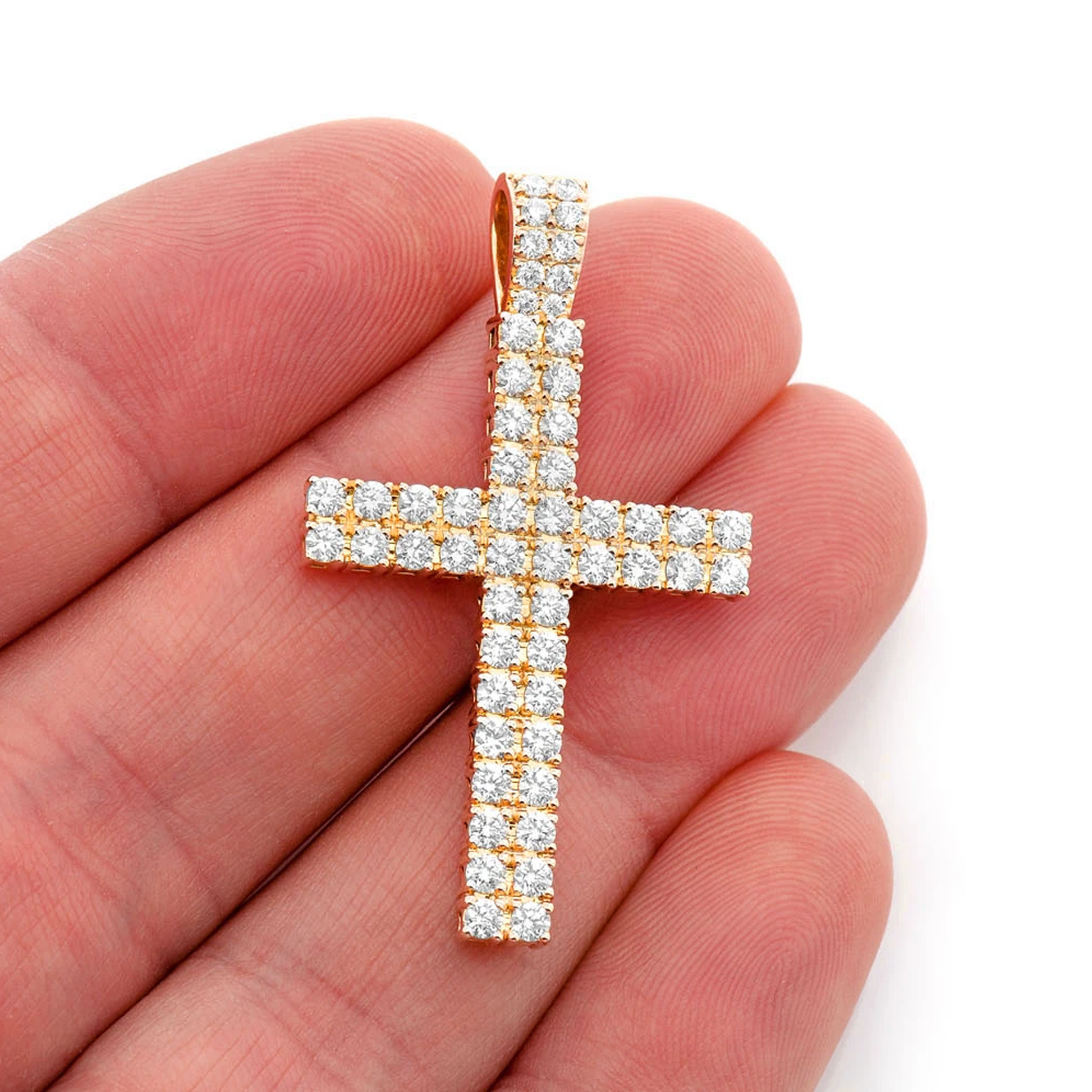 Two Row Diamond Cross Pendant in 14K yellow gold, Statement | 2.25ctw | Iced Out Bail, angled view