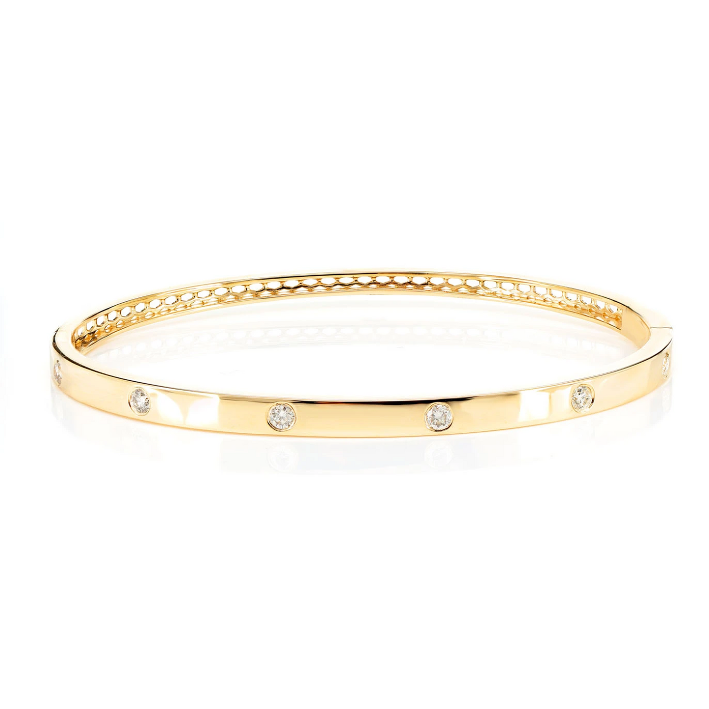 Thin Flush Set Diamond Bangle Bracelet in 14K yellow gold, front view