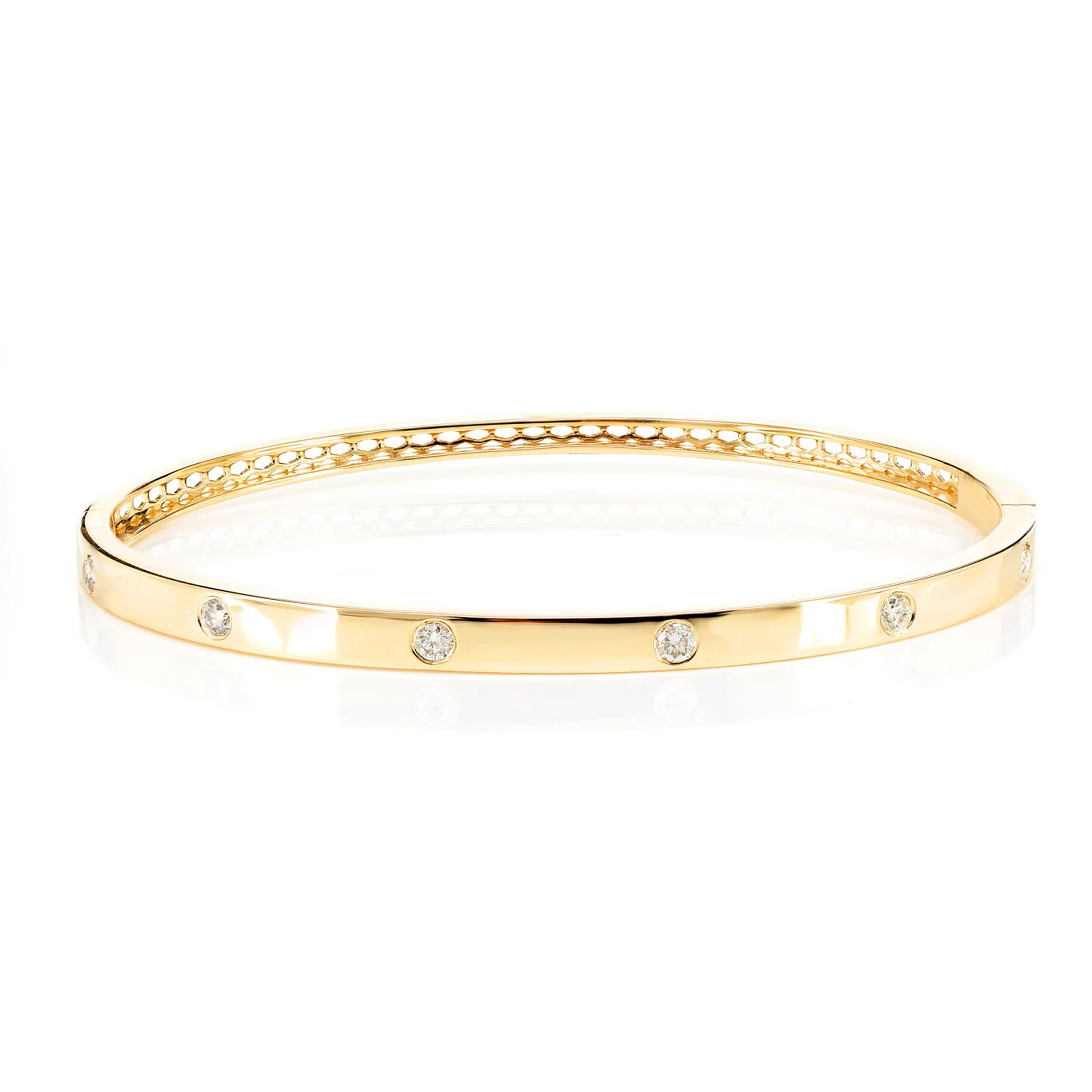 Thin Flush Set Diamond Bangle Bracelet in 14K yellow gold, front view