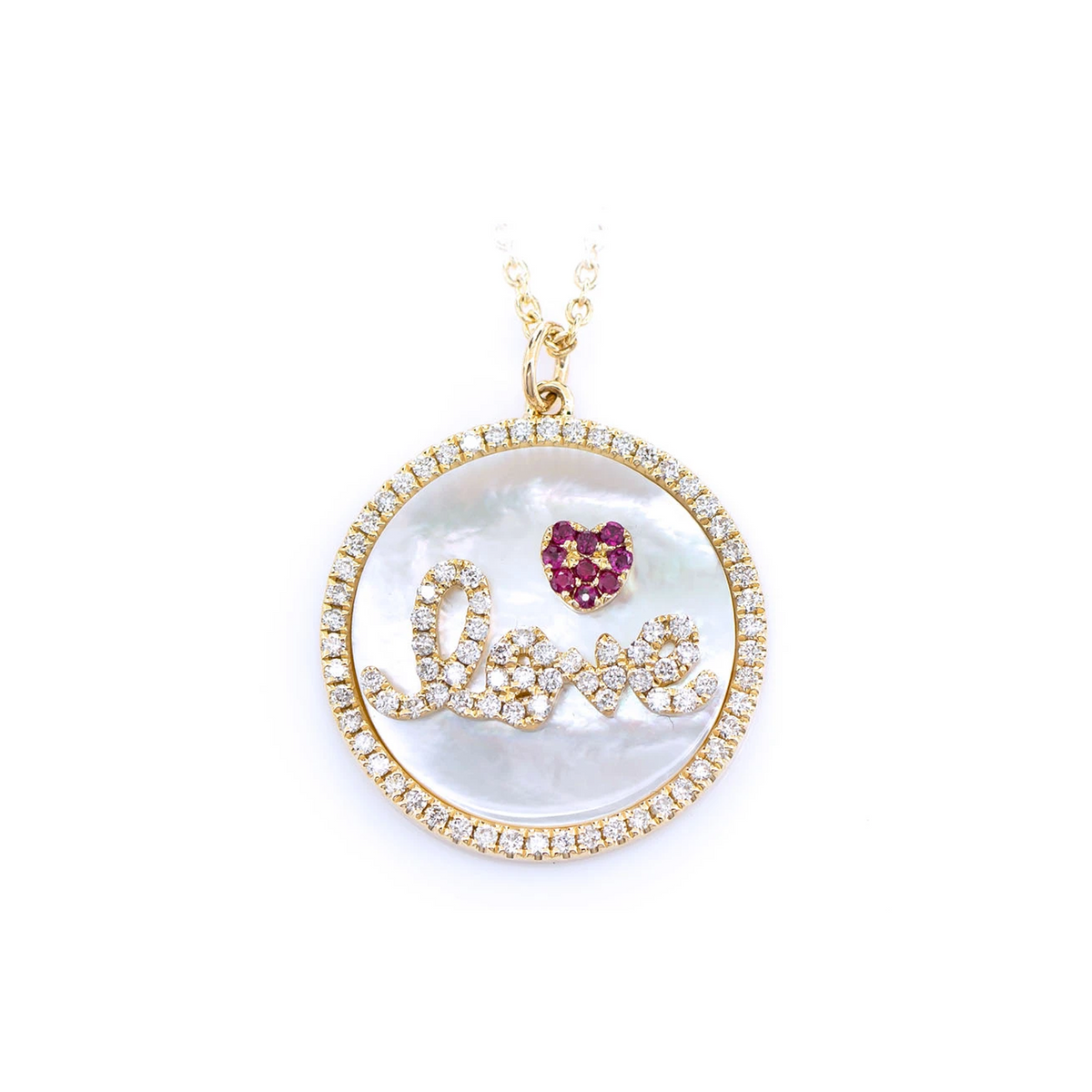 Mother of Pearl Love Disc Halo Diamond Necklace