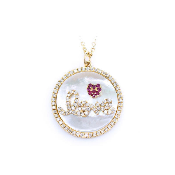 Mother of Pearl Love Disc Halo Diamond Necklace