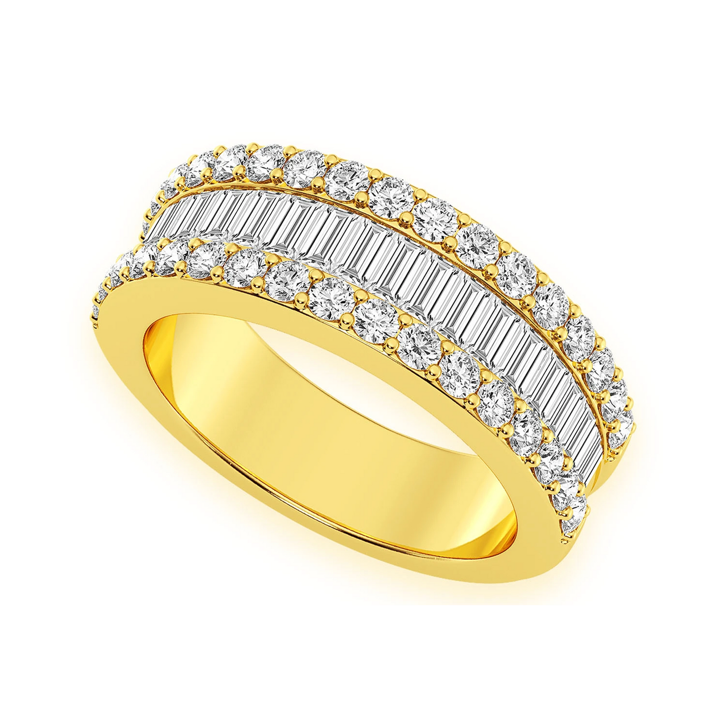 Baguette & Round Border Diamond Ring in 14K yellow gold, front view