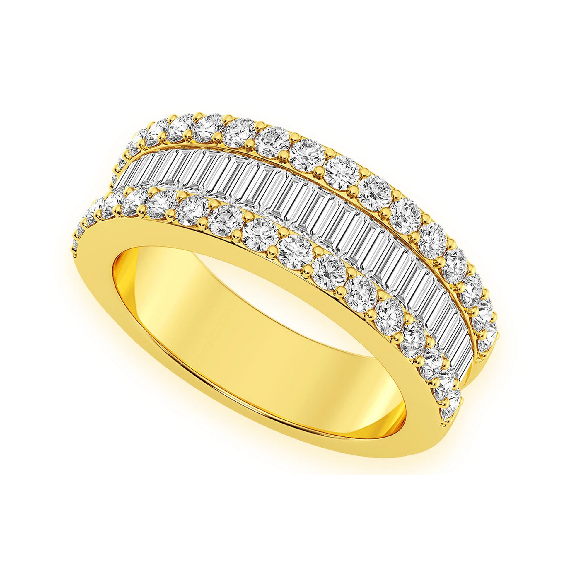 Baguette & Round Border Diamond Ring in 14K yellow gold, front view
