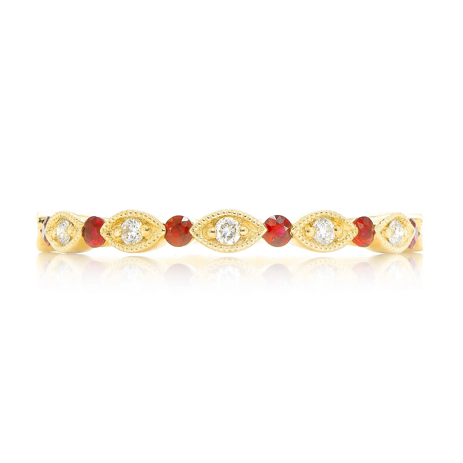 Ruby Diamond Wedding Band Ring in 14K yellow gold, front view