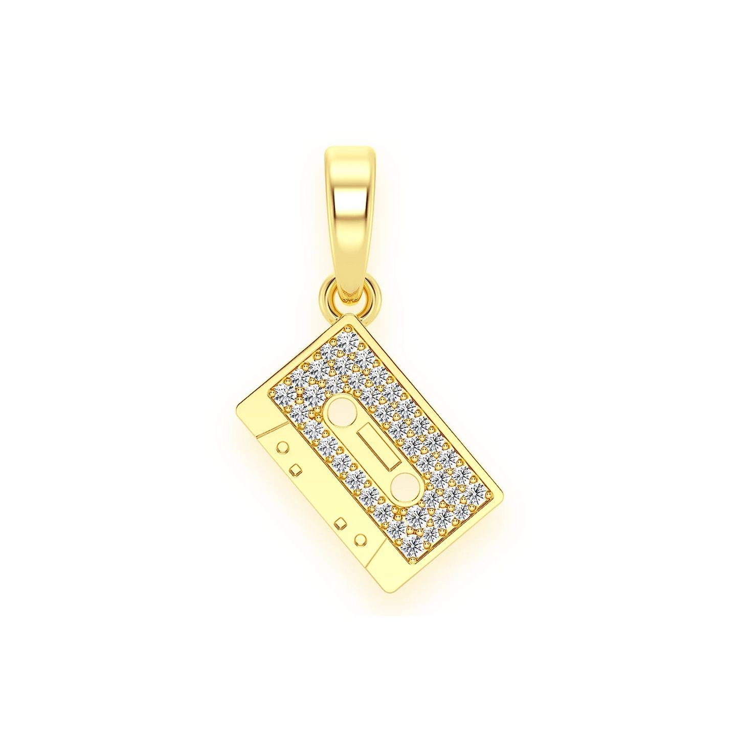Music Cassette Diamond Pendant in 14K yellow gold, White, front view