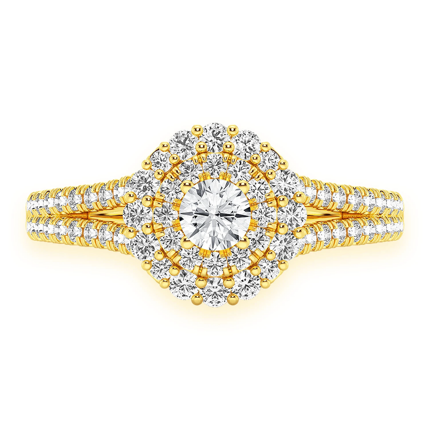 Split Shank Round Double Halo Ring in 14K yellow gold, front view