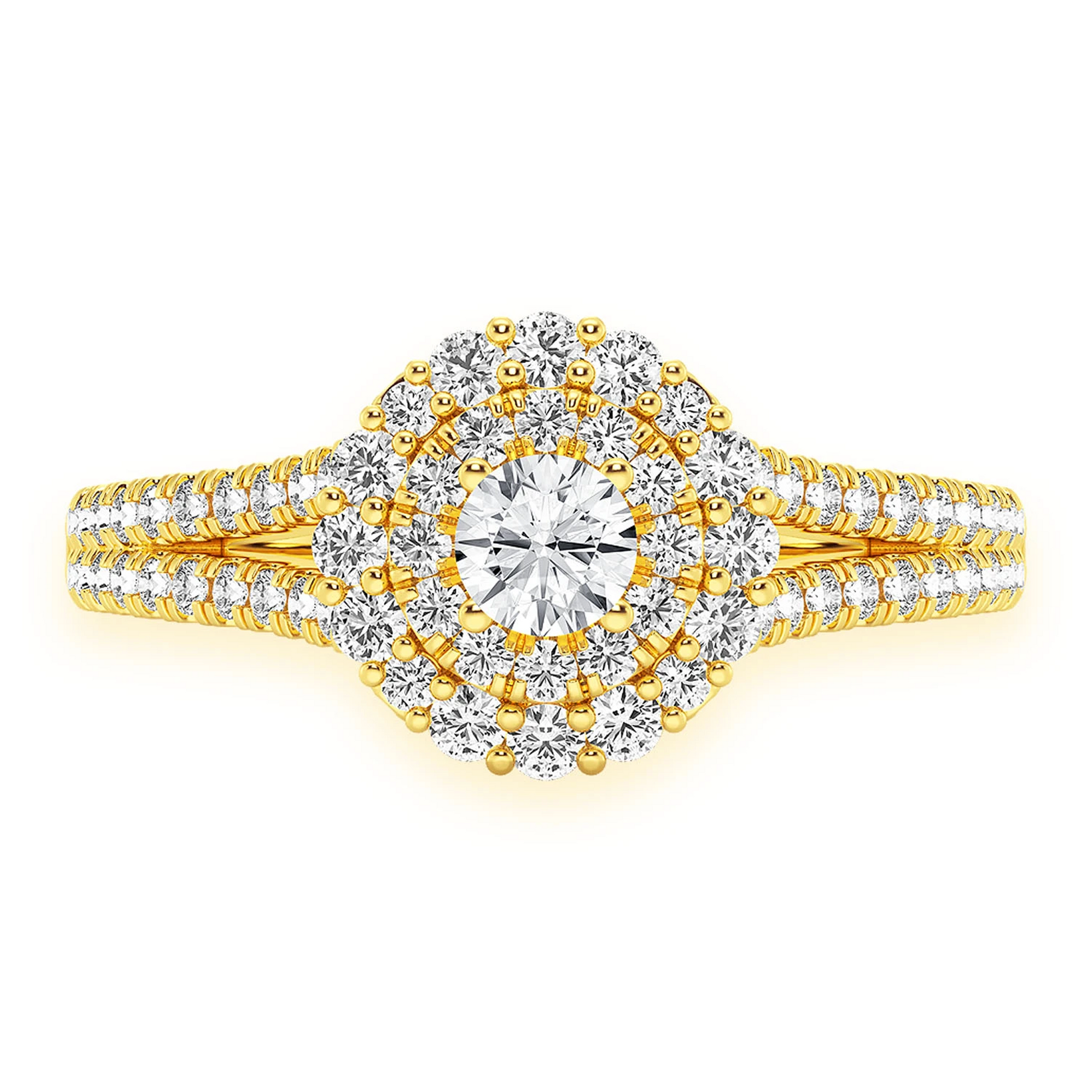 Split Shank Round Double Halo Ring in 14K yellow gold, front view