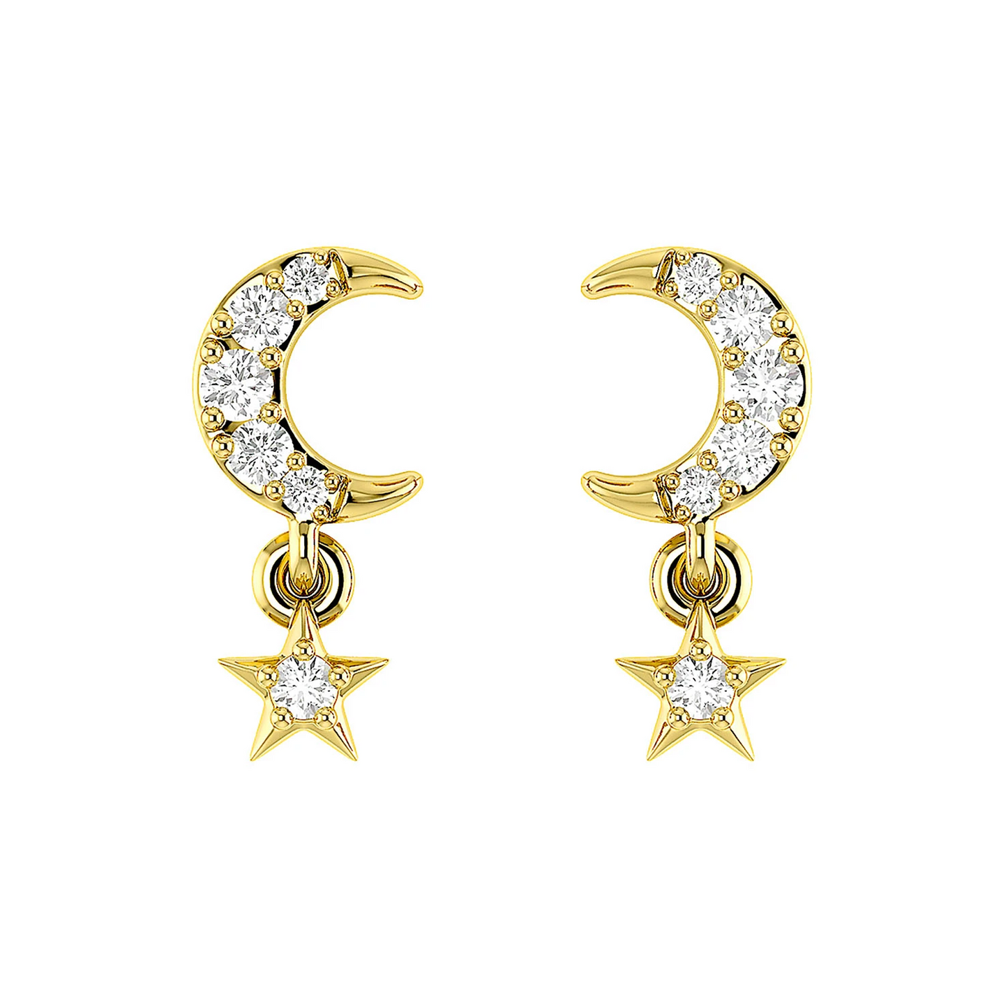 Moon & Star Diamond Drops in 14K yellow gold, front view