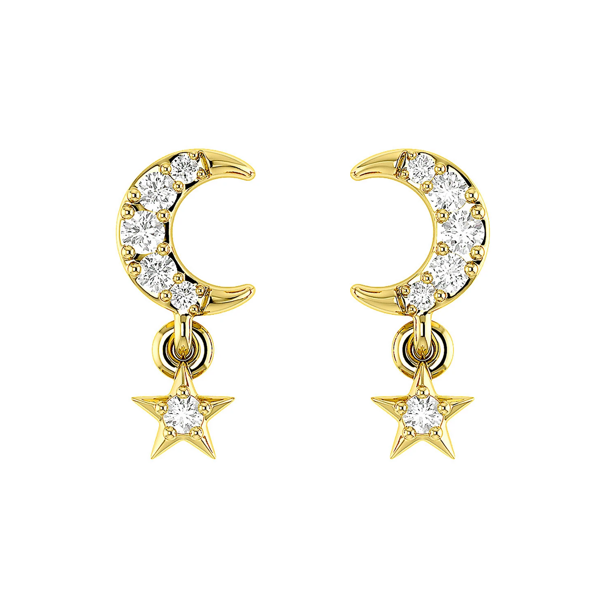 Moon & Star Diamond Drops in 14K yellow gold, front view