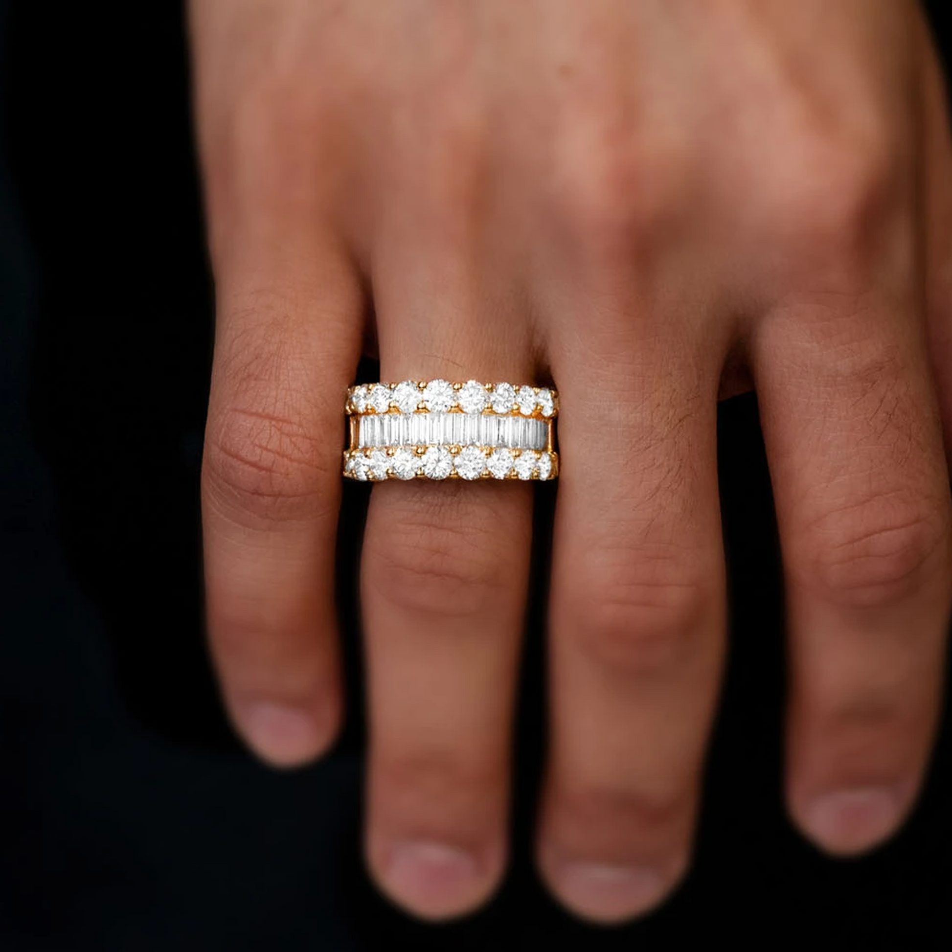 Single Row Baguette Diamond Band Ring in 14K yellow gold, worn view