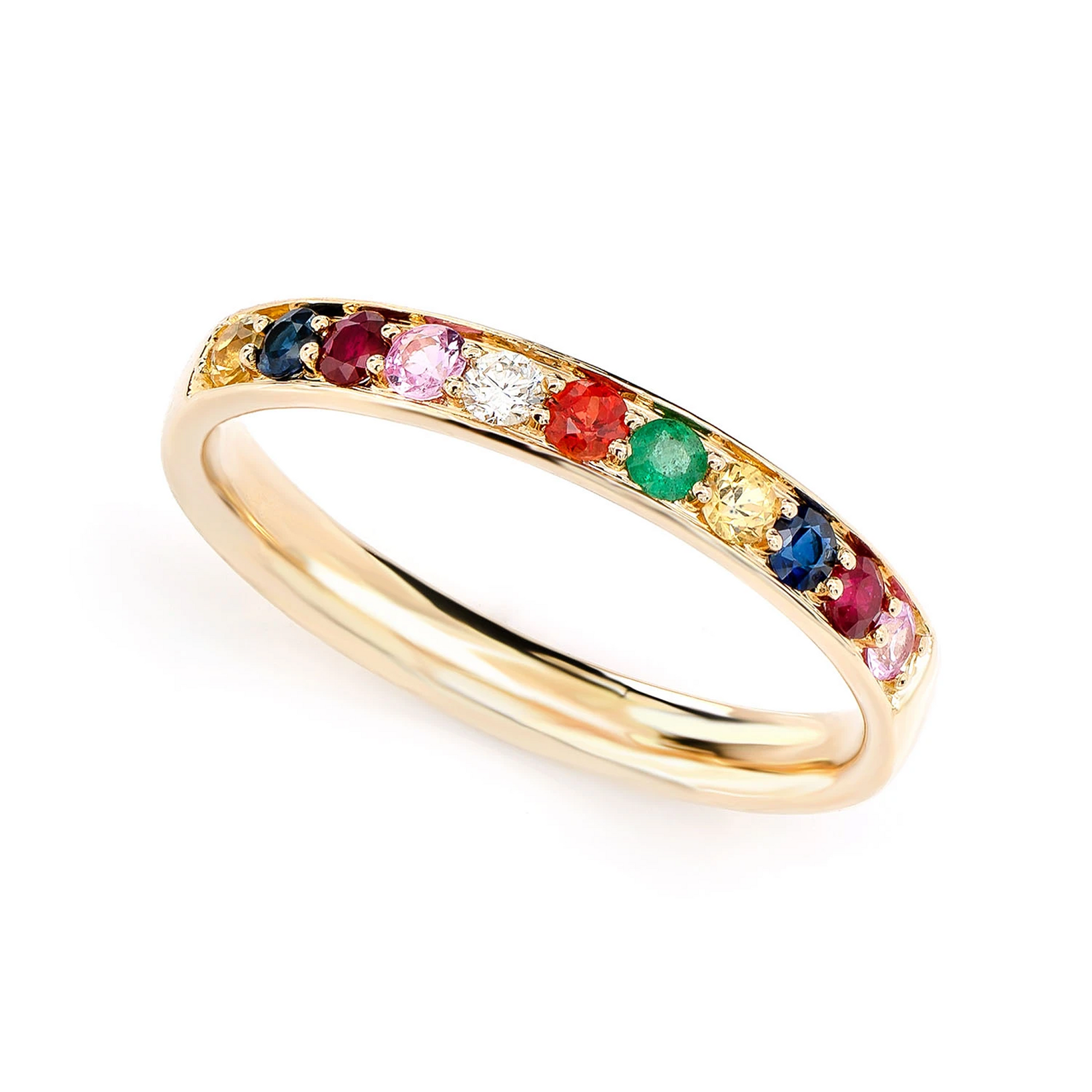 Multicolor Gemstone Diamond Band in 14K yellow gold, angled view