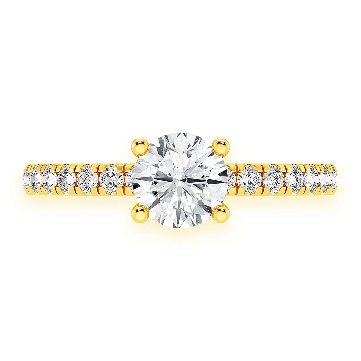 Round Solitaire One Row Under Halo Ring in 14K yellow gold, front view