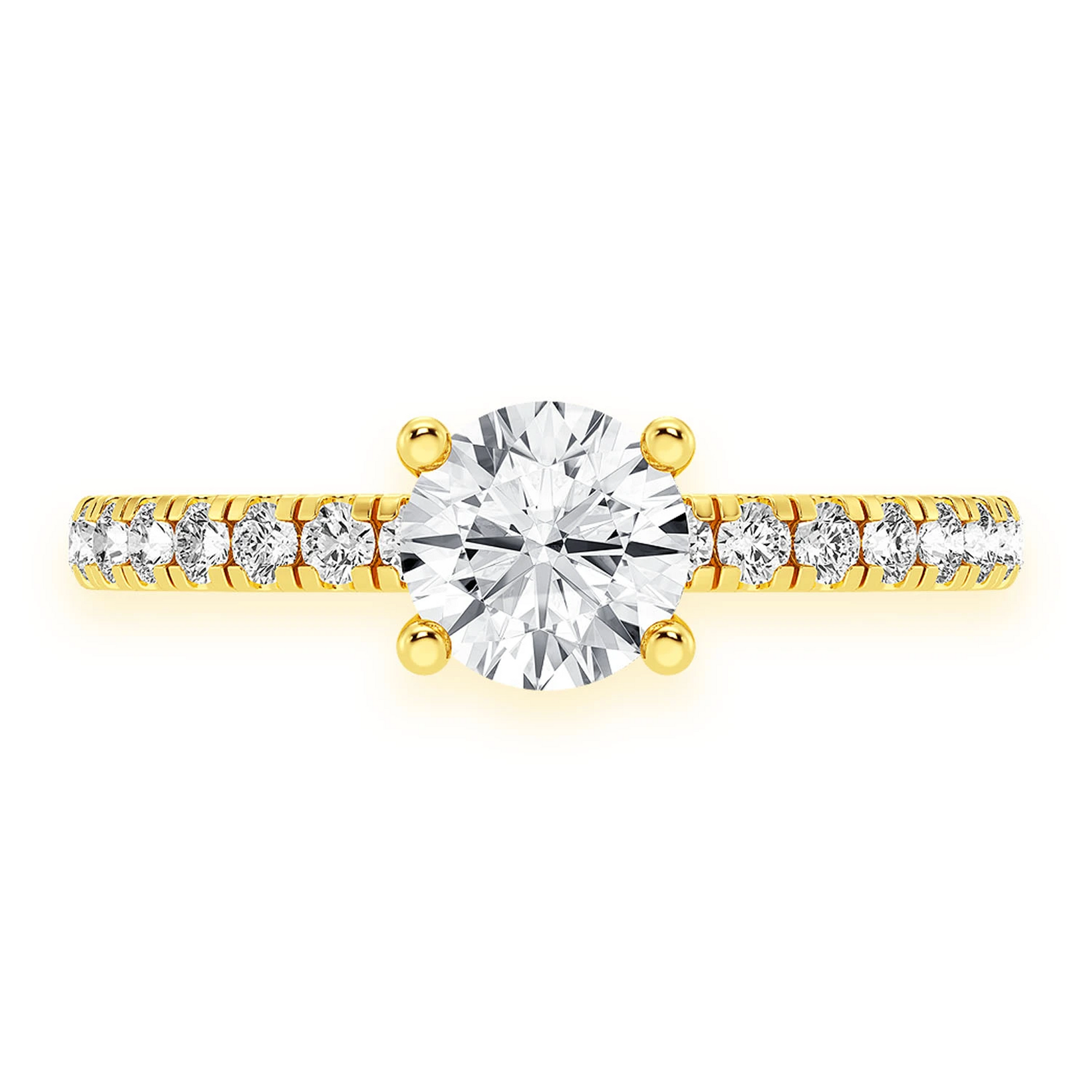 Round Solitaire One Row Under Halo Ring in 14K yellow gold, front view