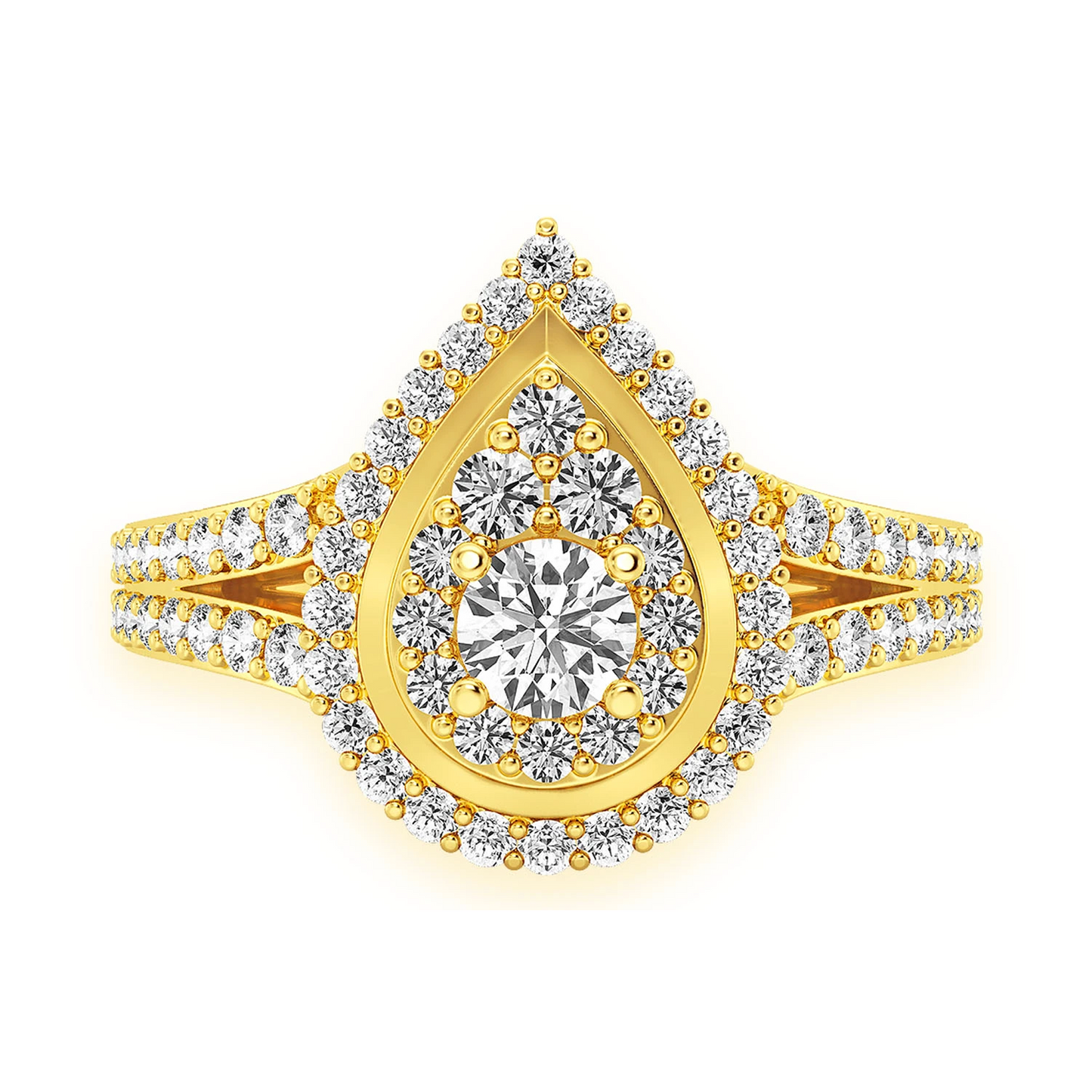 Double Halo Pear Diamond Engagement Ring in 14K yellow gold, front view