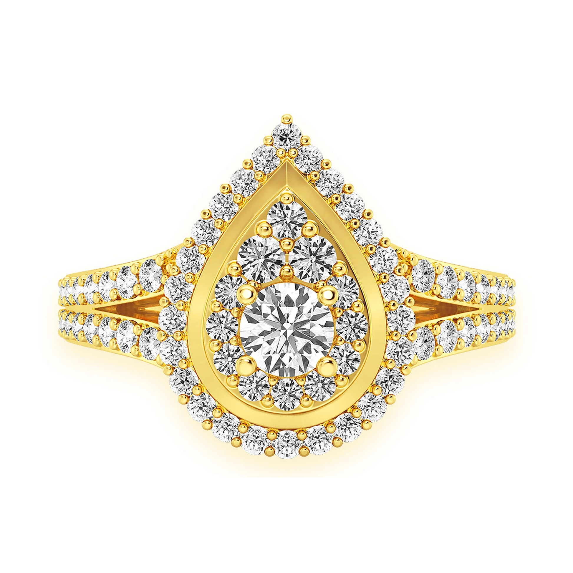 Double Halo Pear Diamond Engagement Ring in 14K yellow gold, front view