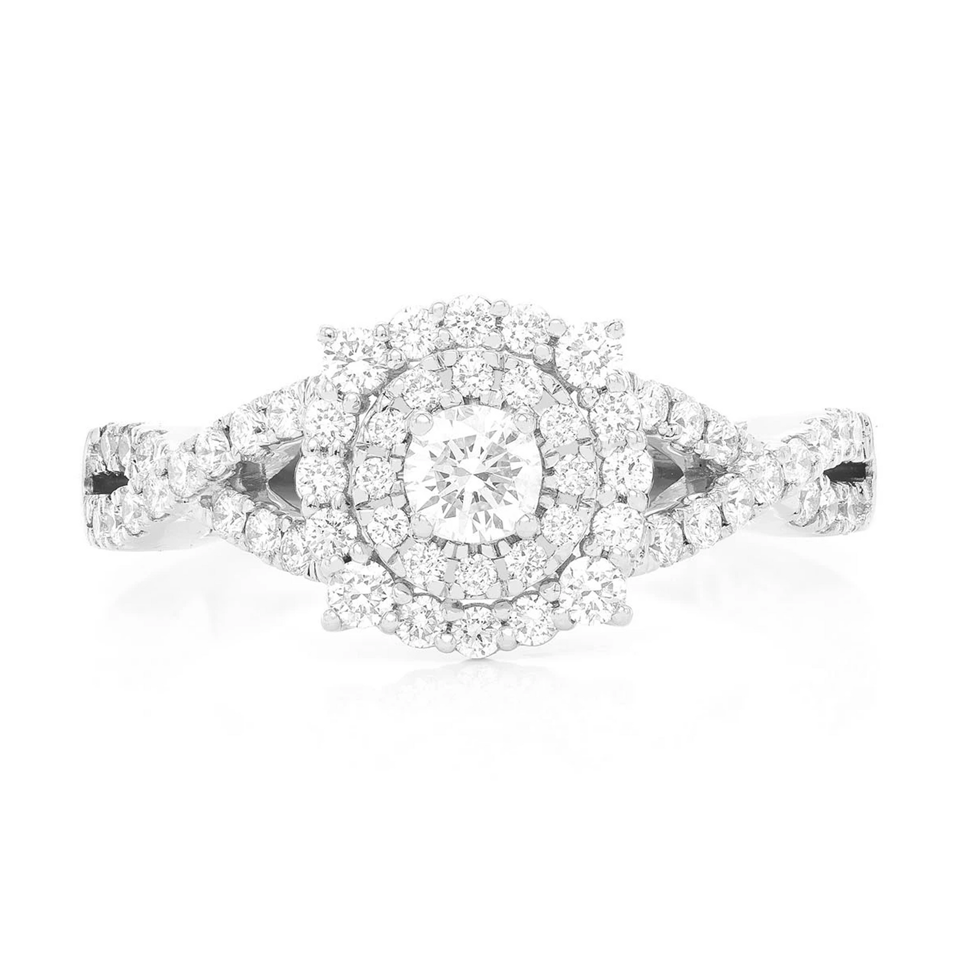 Split Shank Unique Halo Diamond Engagement Ring in 14K white gold, front view