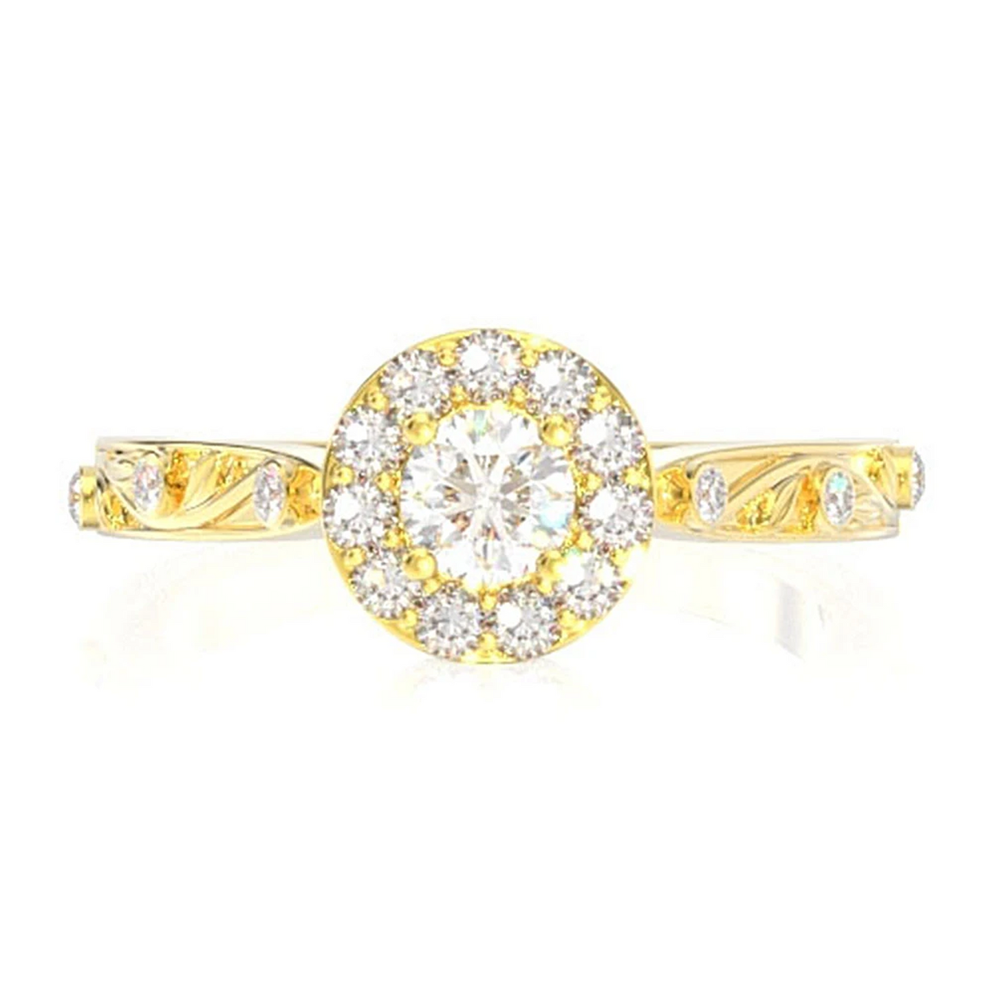Halo Bezel Vine Diamond Ring in 14K yellow gold, front view