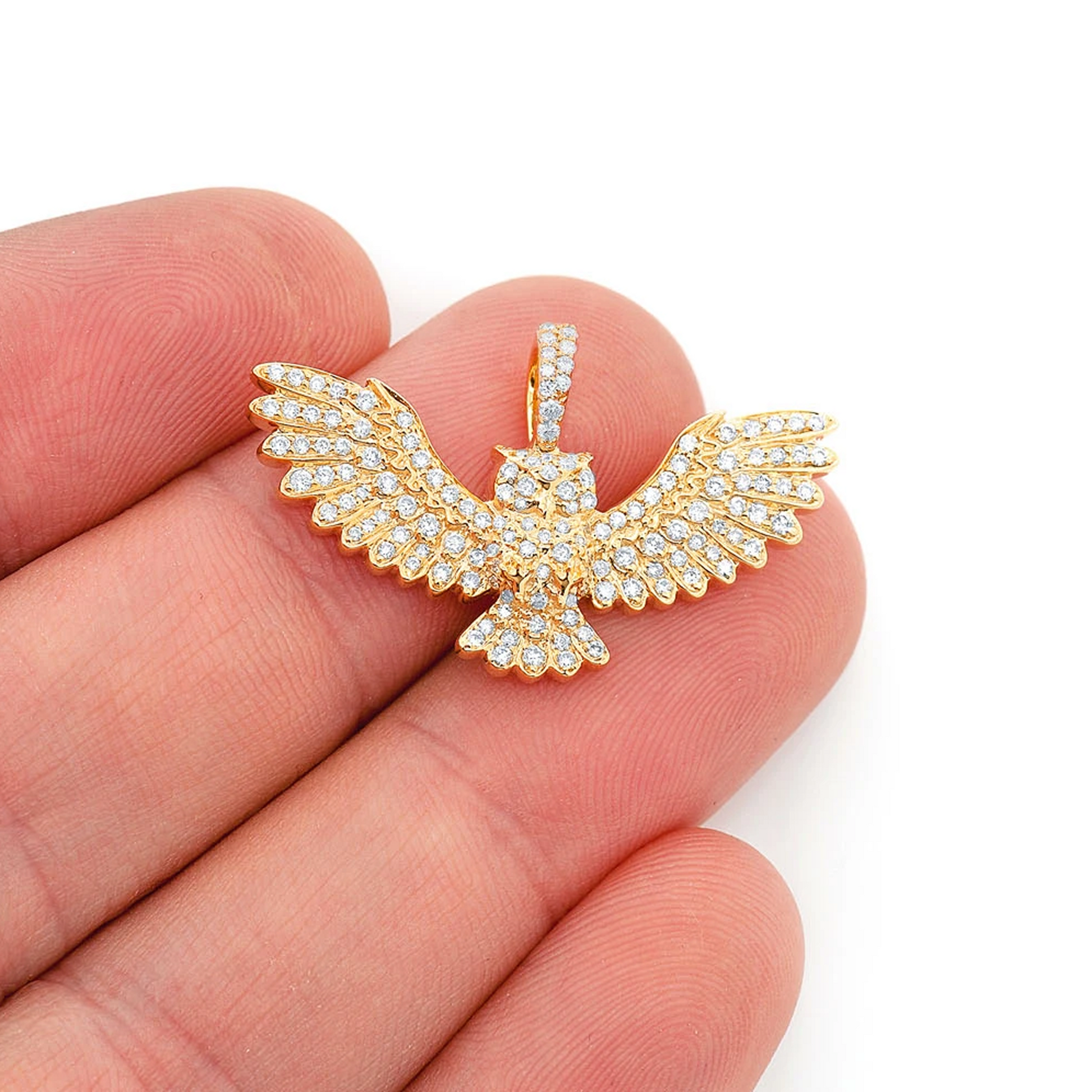 Owl Diamond Pendant in 14K yellow gold, angled view