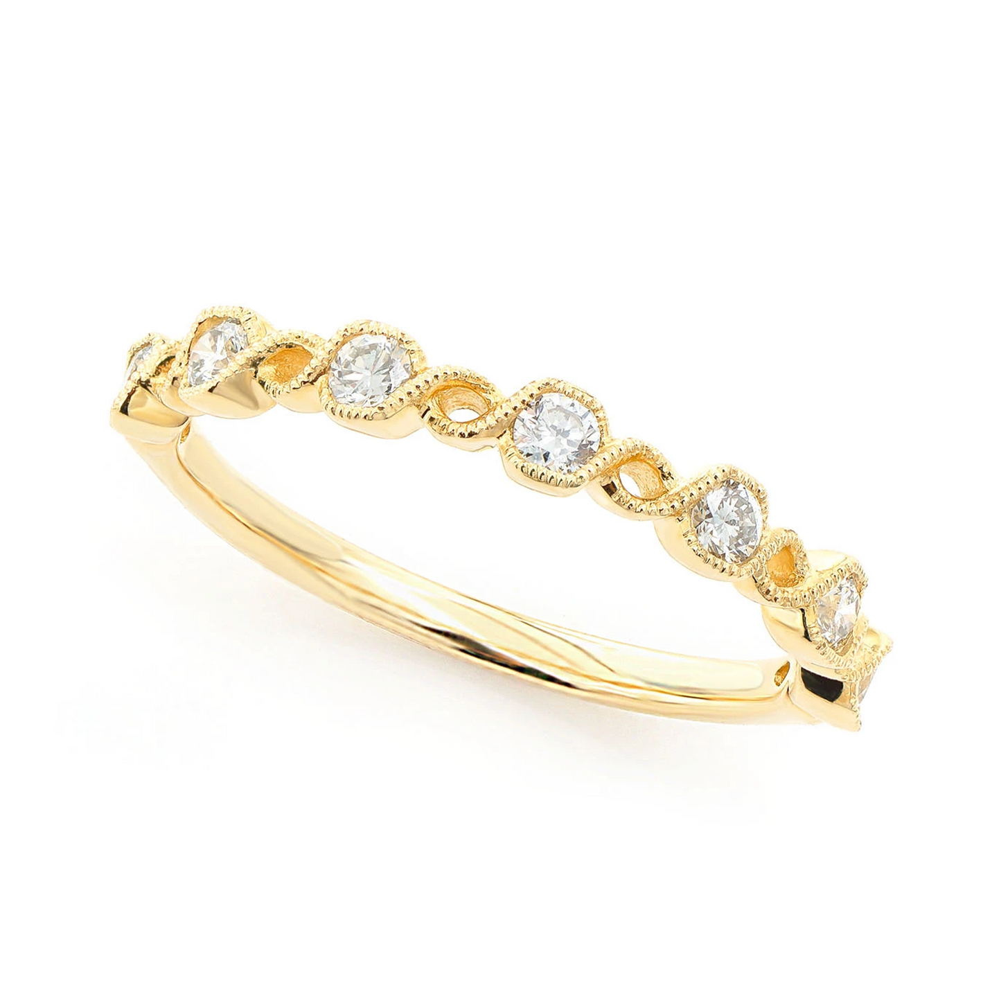 Circle Milgrain Twist Diamond Wedding Band Ring in 14K yellow gold, angled view