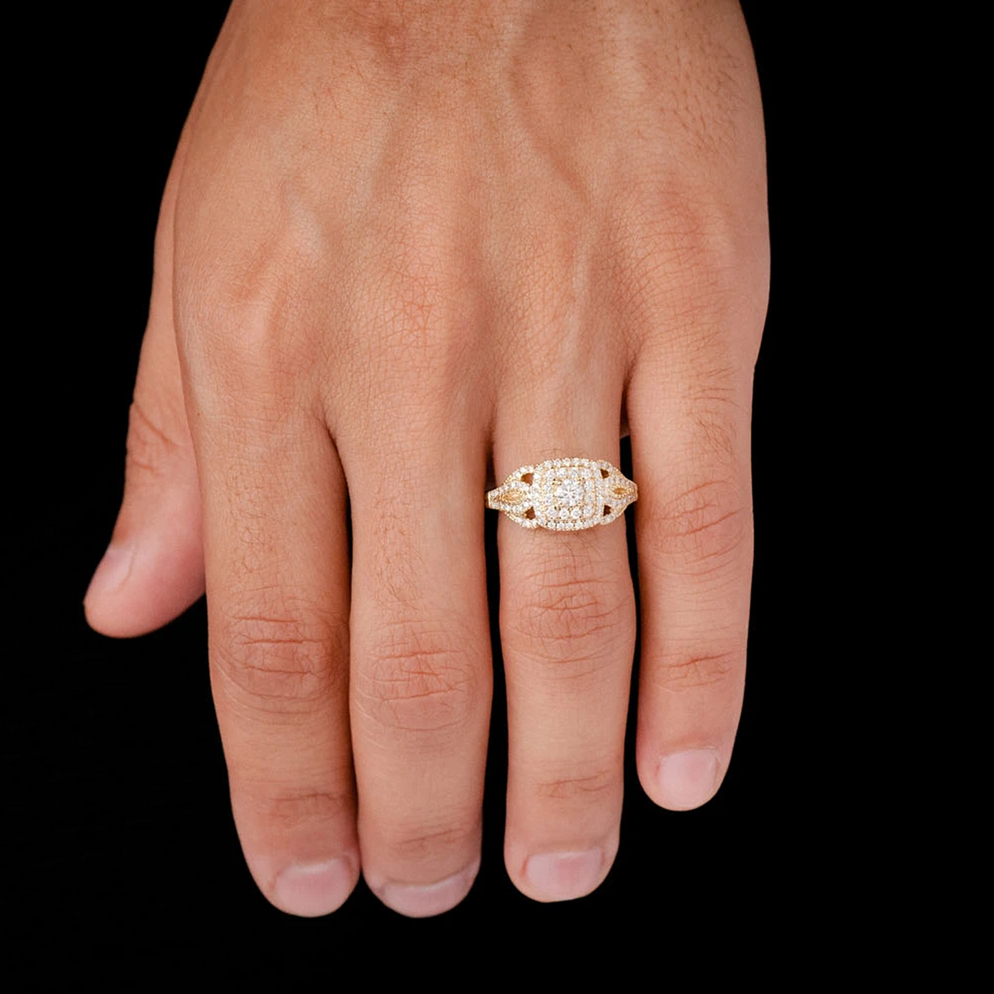 Fancy Shank Cushion Double Halo Ring in 14K yellow gold, worn view