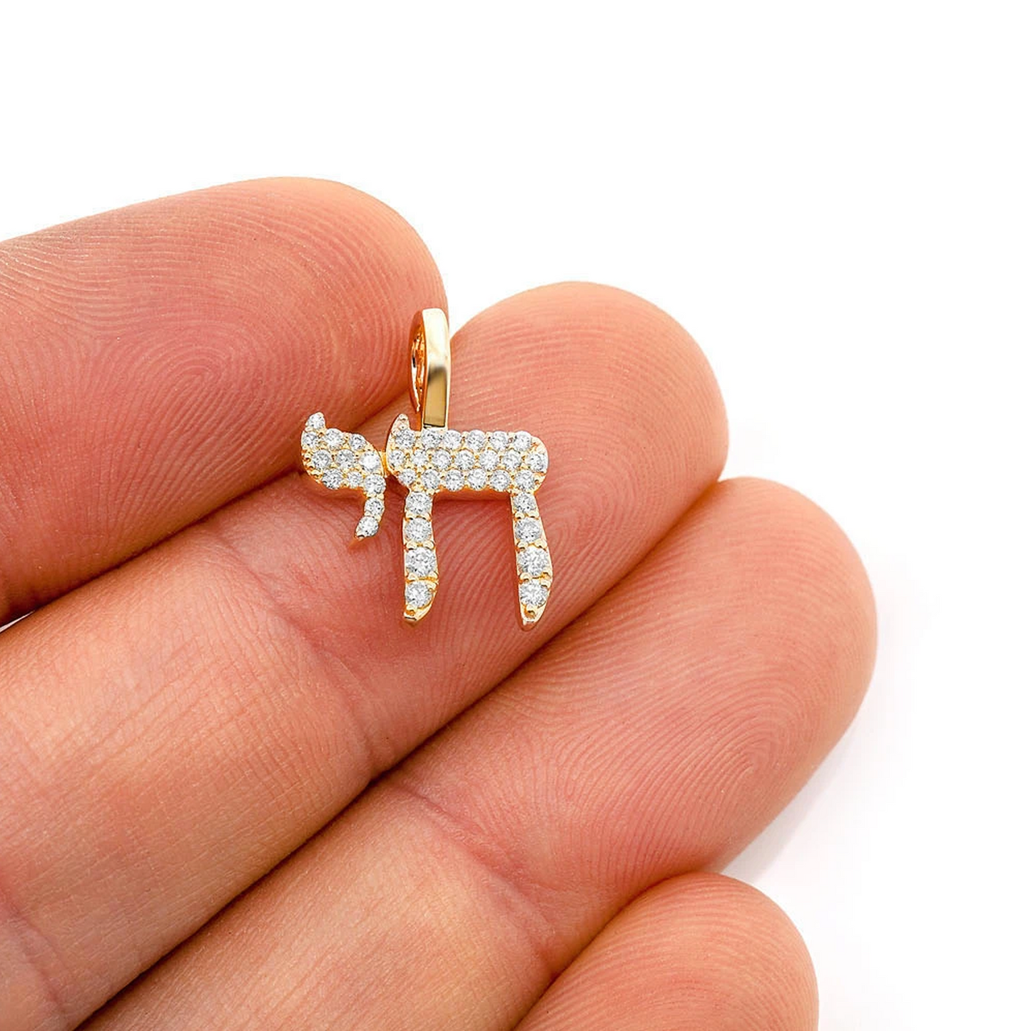 Chai Hebrew Pendant in 14K yellow gold, angled view
