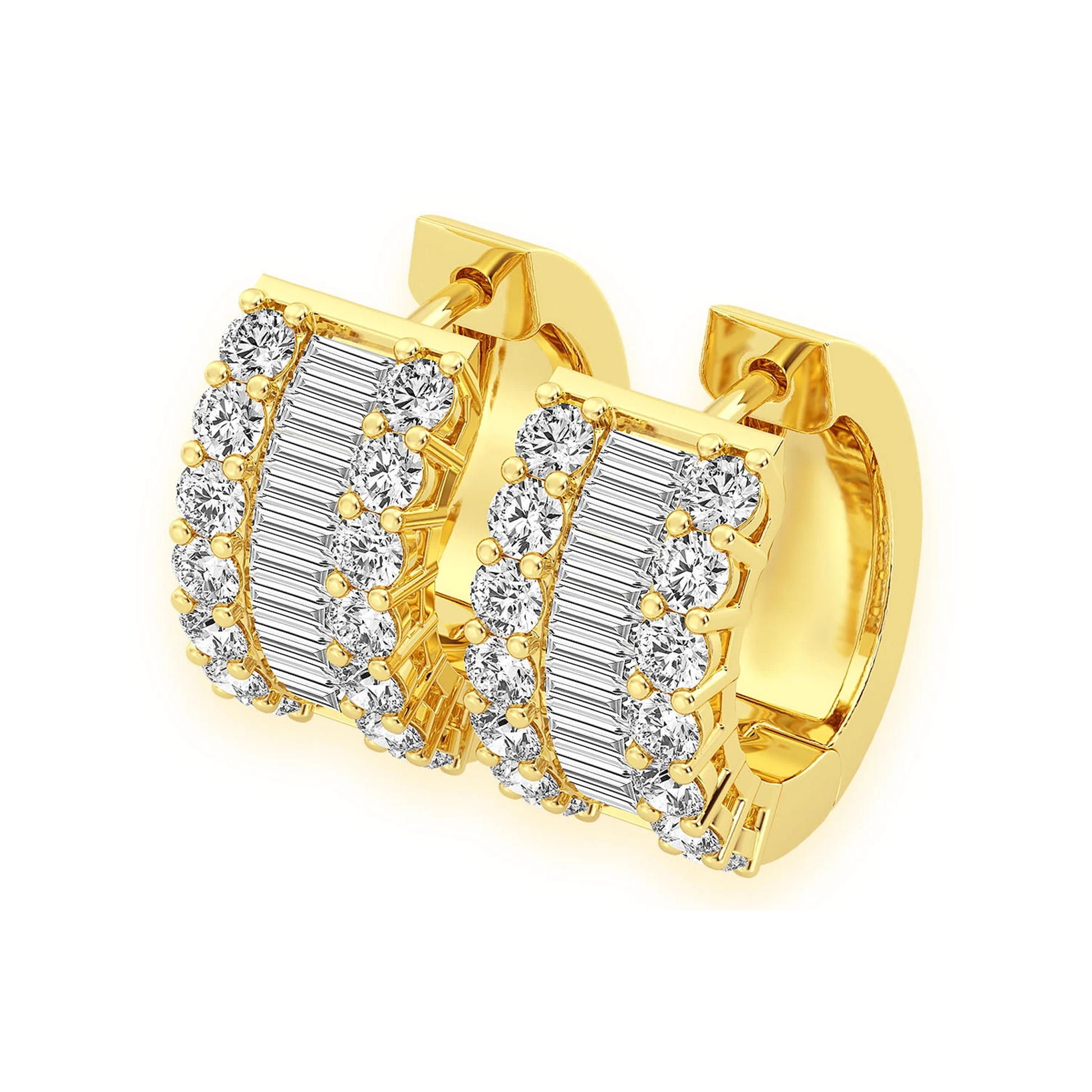 Baguette & Round Diamond Hoop Earrings in 14K yellow gold, front view