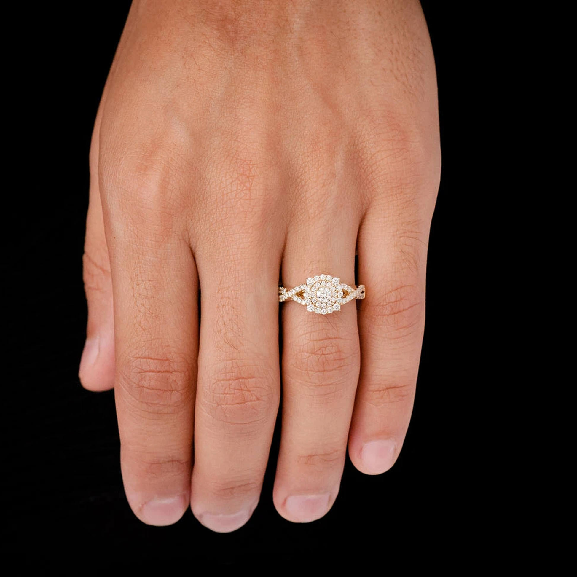 Split Shank Unique Halo Diamond Engagement Ring in 14K white gold, worn view