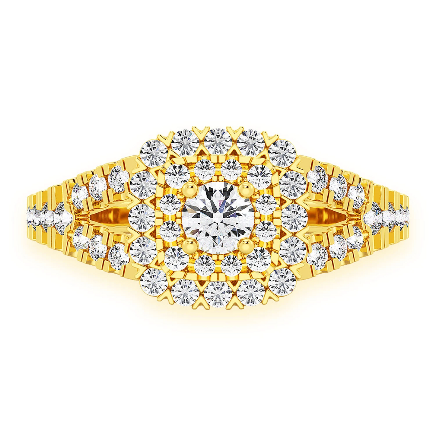 Cushion Double Halo Split Shank Ring in 14K yellow gold, front view