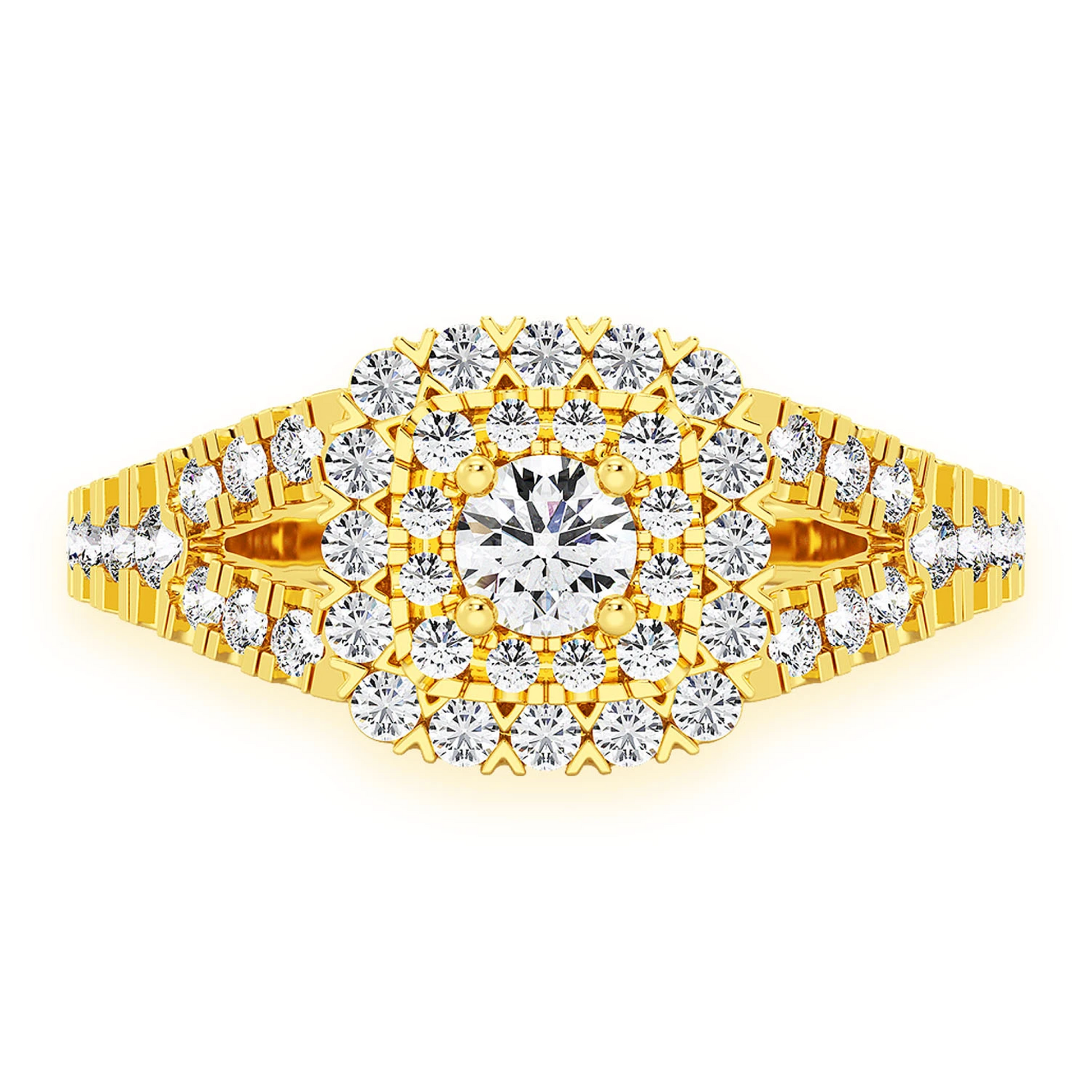 Cushion Double Halo Split Shank Ring in 14K yellow gold, front view