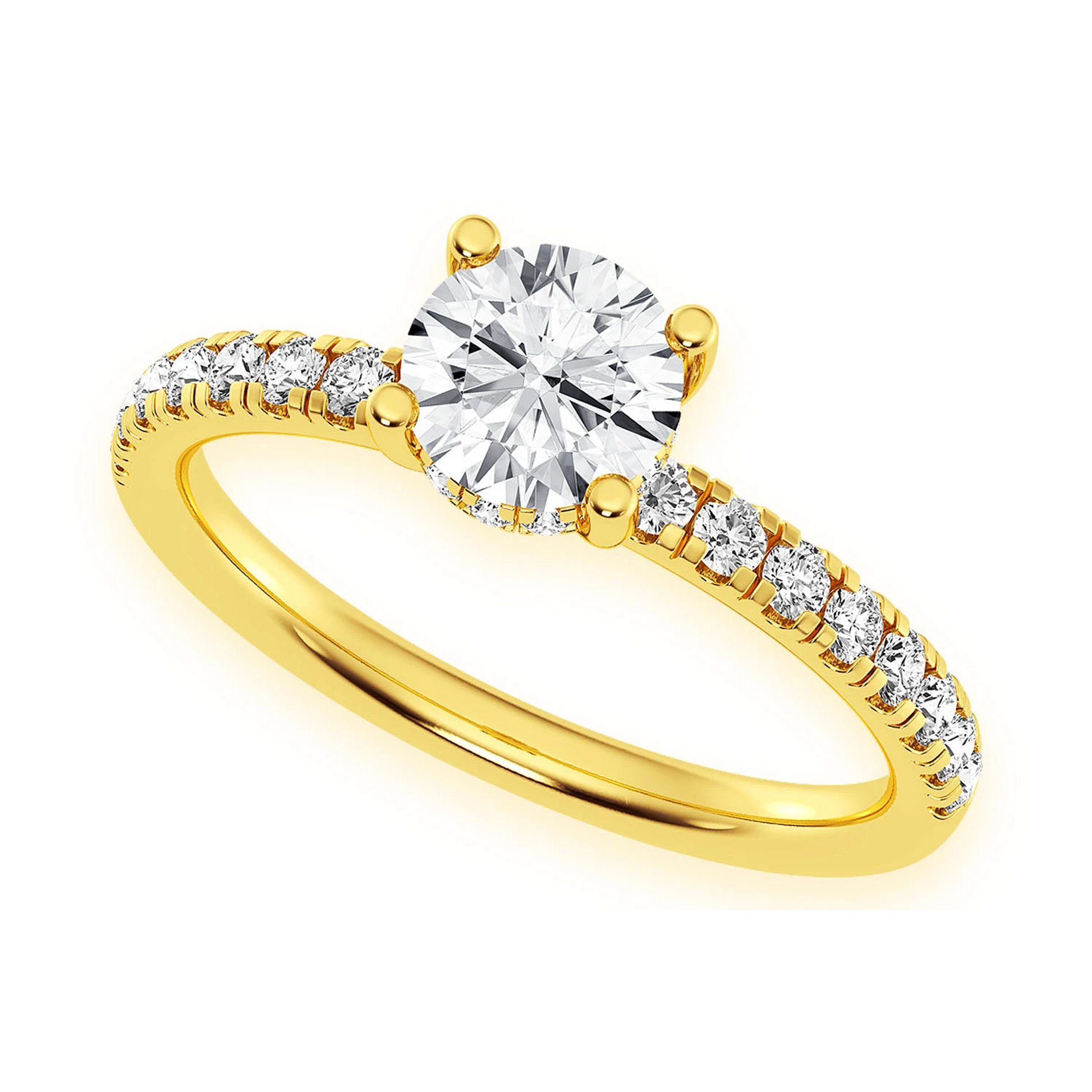 Round Solitaire One Row Under Halo Ring in 14K yellow gold, angled view