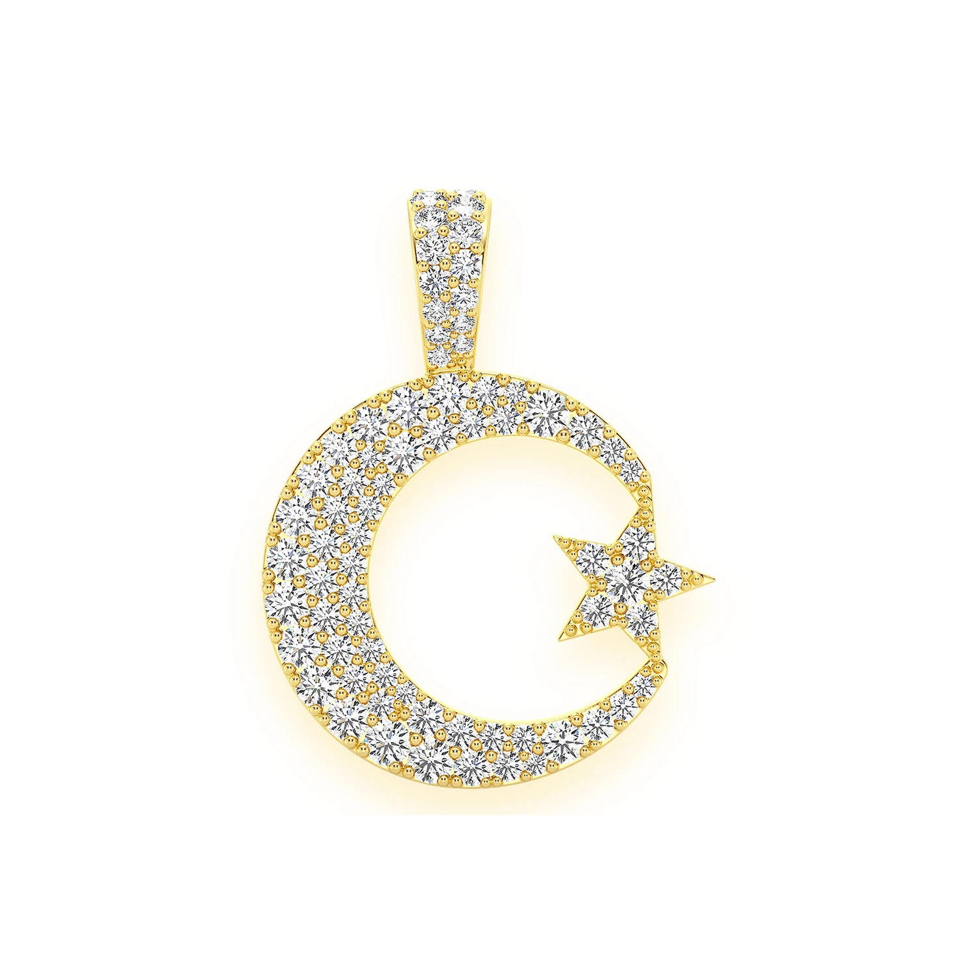 Crescent Moon & Star Diamond Pendant in 14K yellow gold, front view