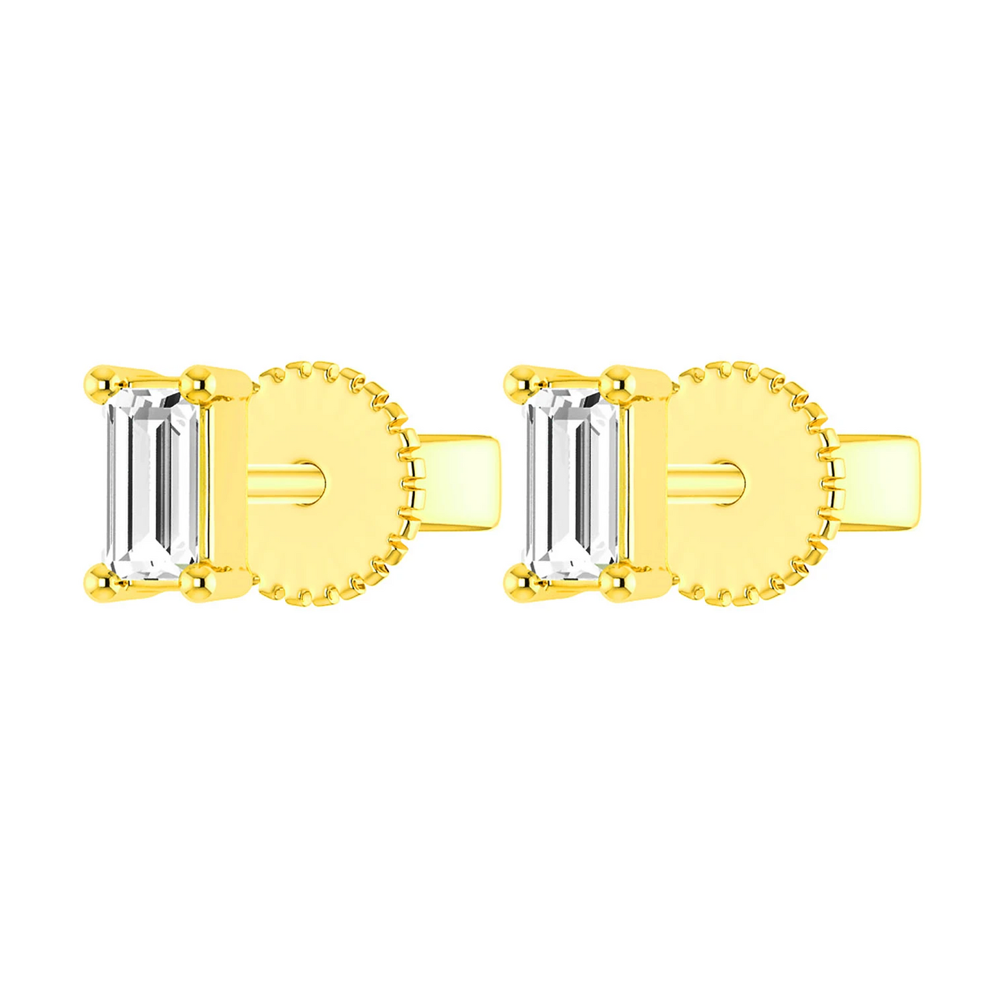 Baguette Diamond Solitaire Stud Earrings in 14K yellow gold, angled view