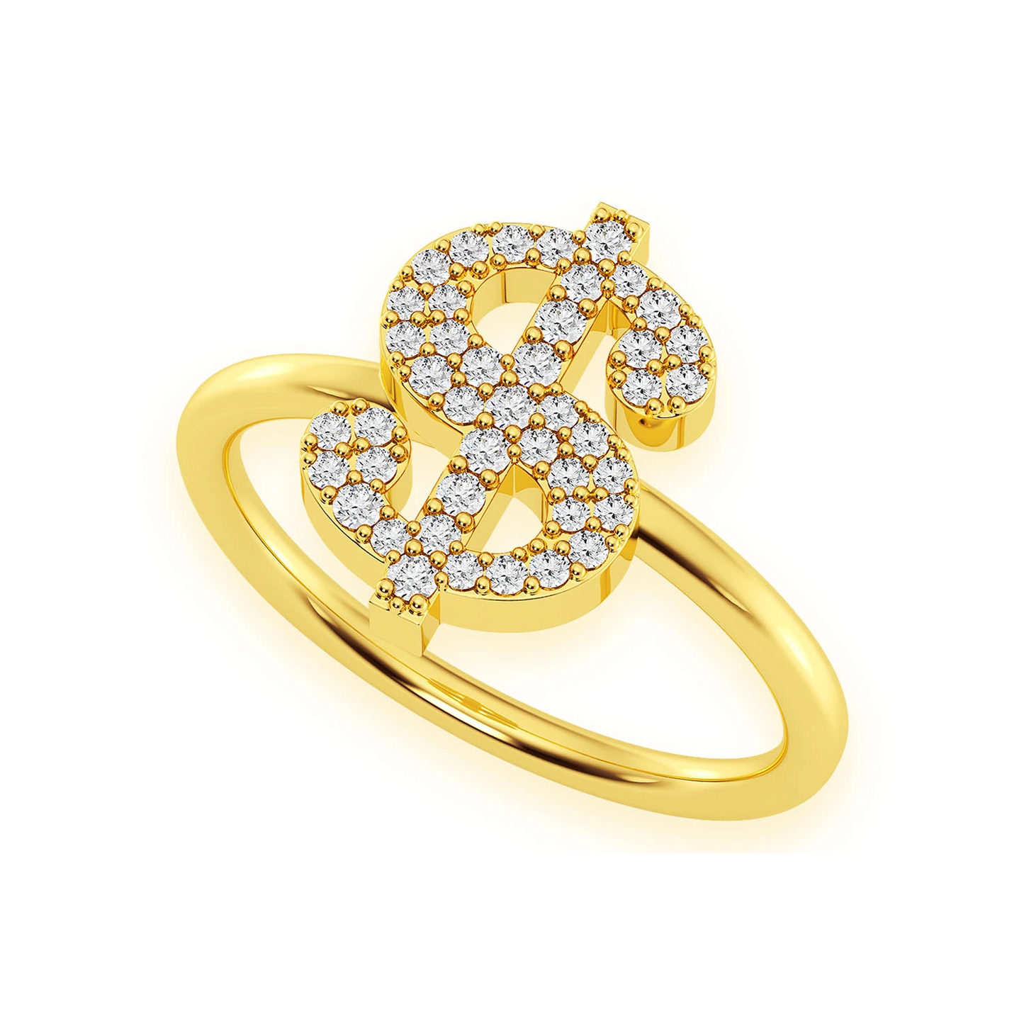 Dollar Sign Diamond Ring in 14K yellow gold, angled view