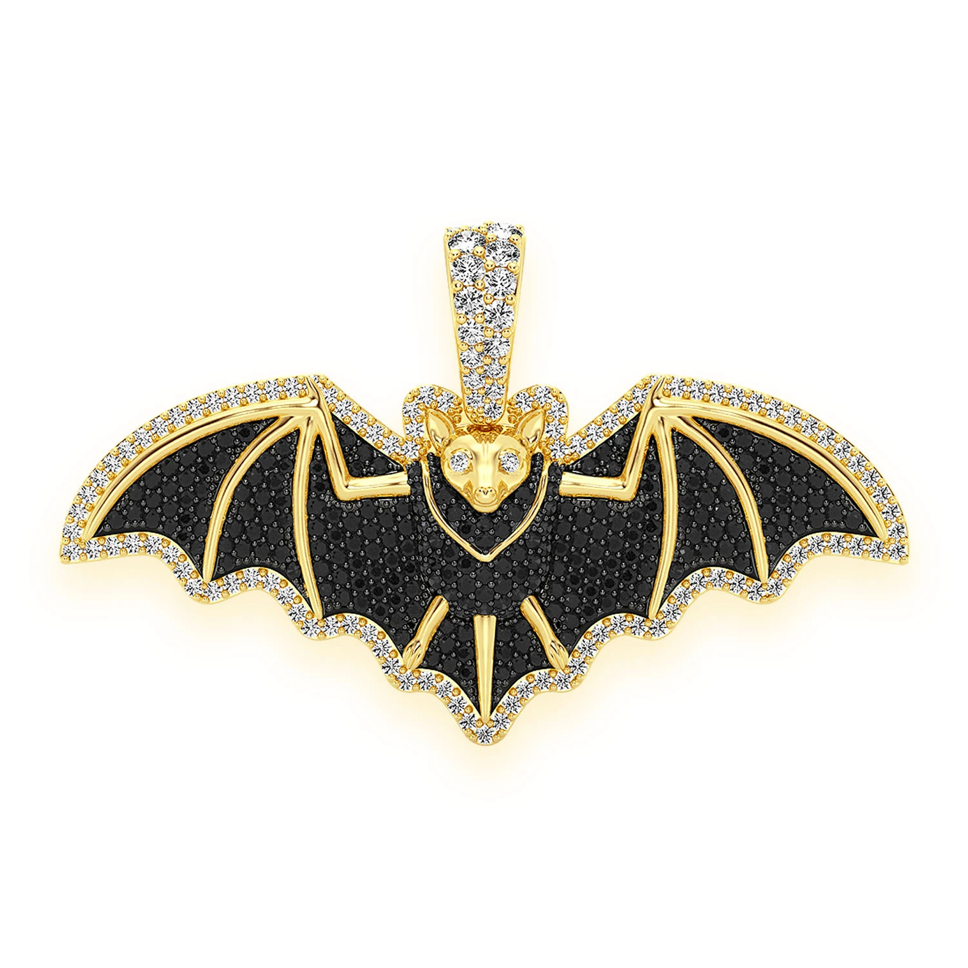 Black Diamond Bat Pendant in 14K yellow gold, front view