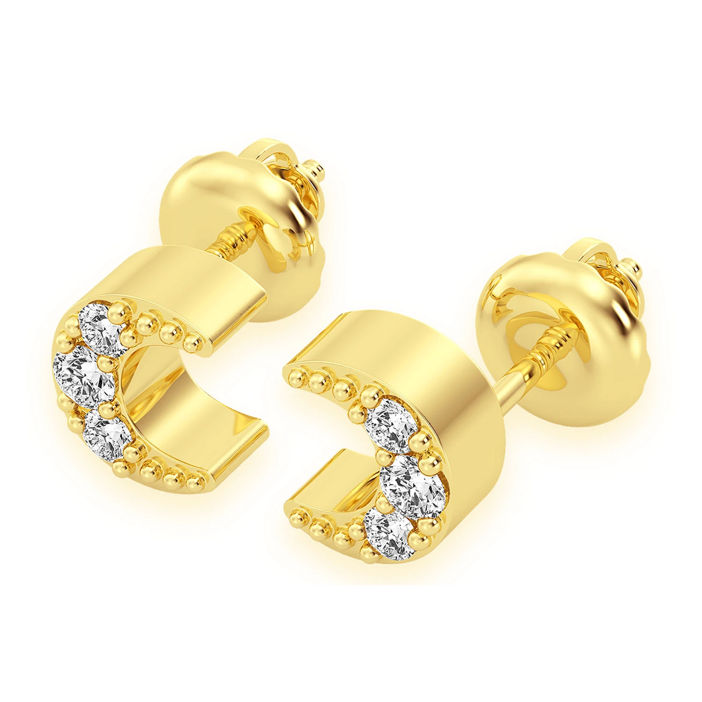 Moon Diamond Stud Earrings in 14K yellow gold, angled view
