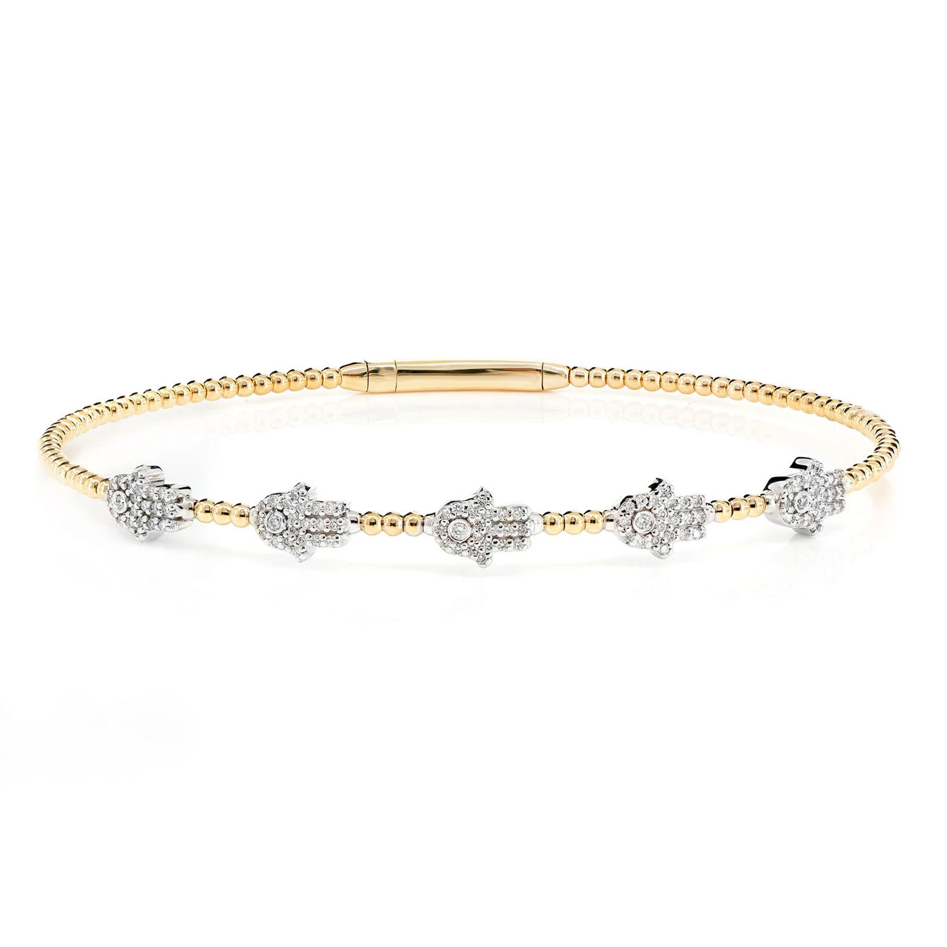 Beaded Hamsa Diamond Flex Bangle Bracelet in 14K yellow gold, front view